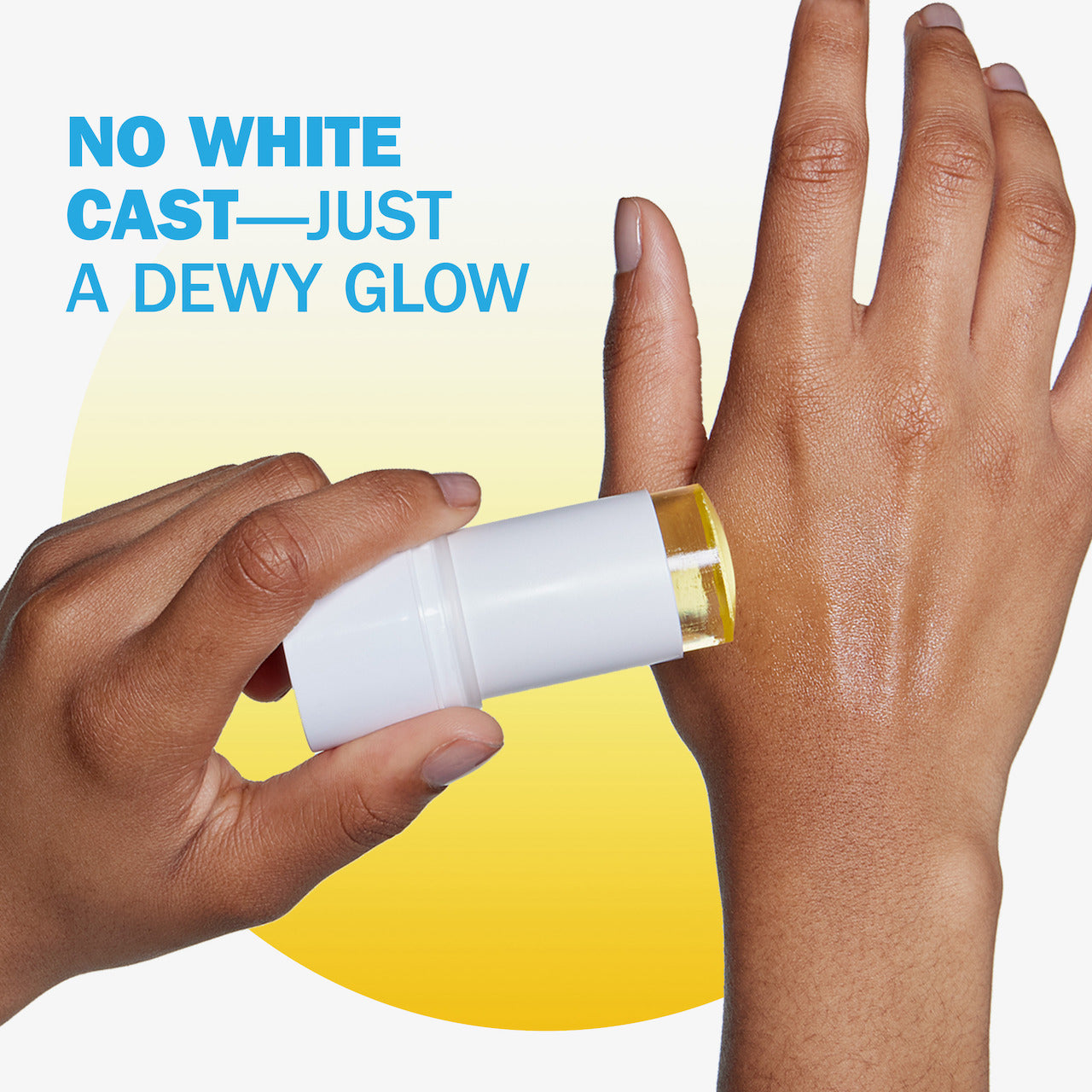 Olay Glow + Protect Sunscreen Stick With Vitamin C SPF 50 being applied to hand. No white cast - just a dewy glow Olay Glow + Protect Sunscreen Stick With Vitamin C SPF 50 being applied to hand. No white cast - just a dewy glow