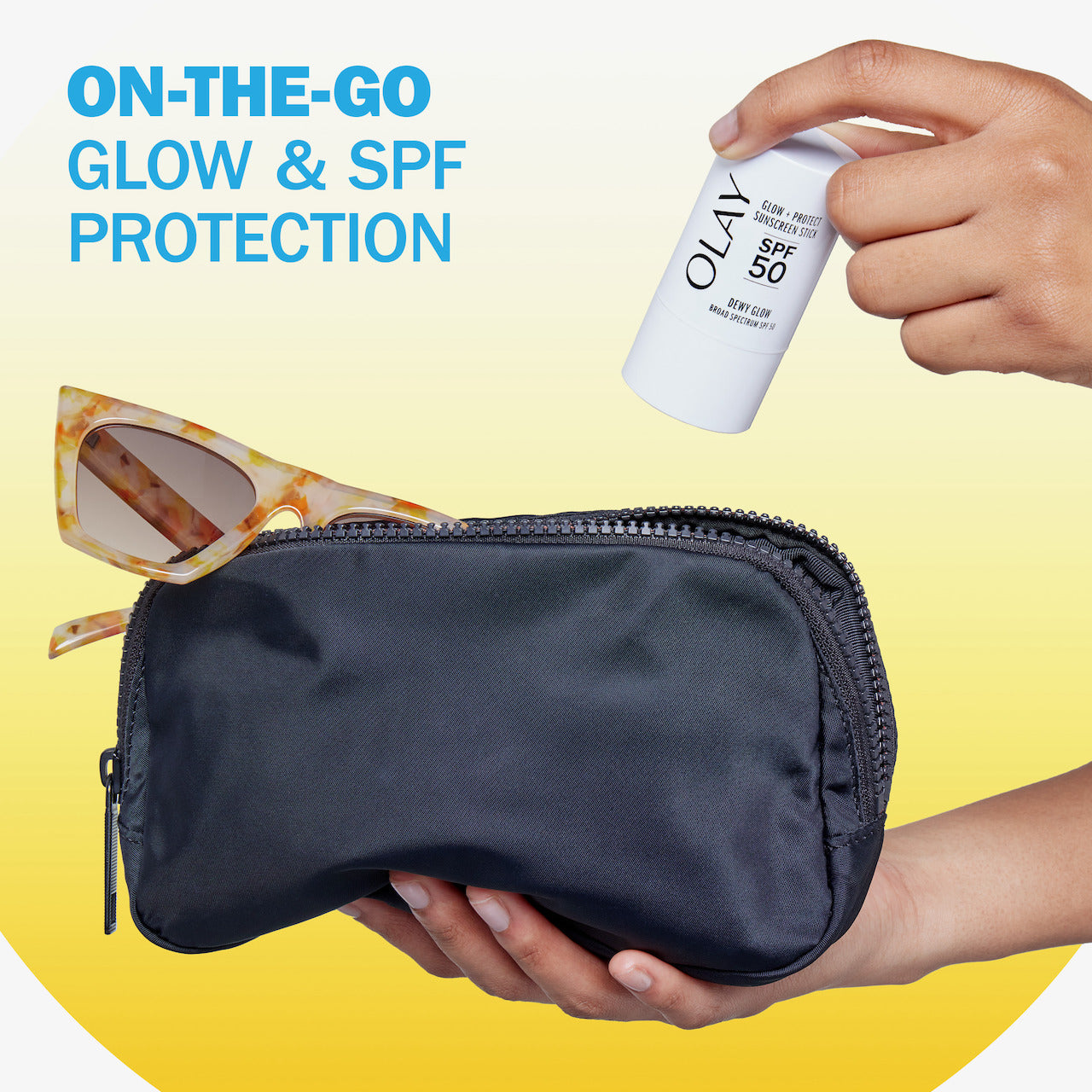 Olay Glow + Protect Sunscreen Stick With Vitamin C SPF 50 in hand being put into travel bag. on the go glow & SPF protection. Olay Glow + Protect Sunscreen Stick With Vitamin C SPF 50 in hand being put into travel bag. on the go glow & SPF protection.