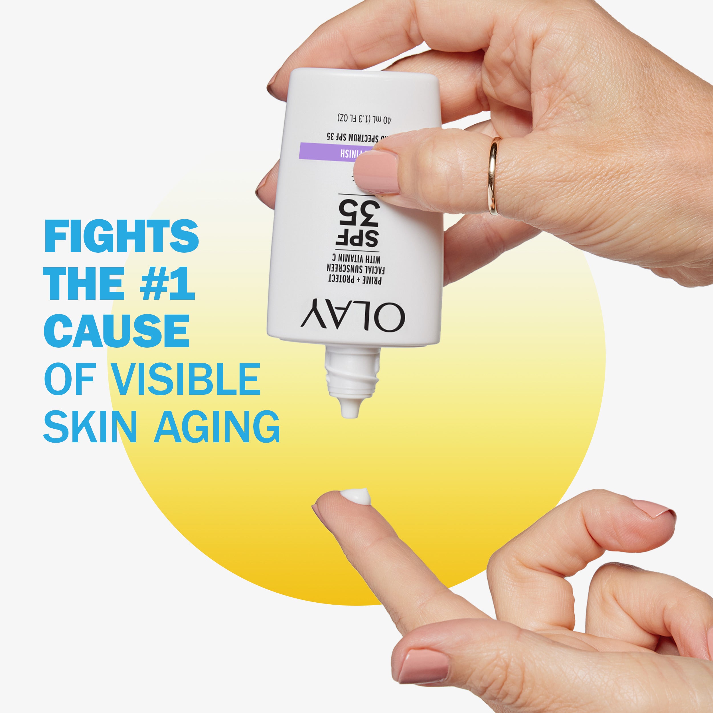 Applying Prime + Protect Facial Sunscreen with Vitamin C SPF 35 to finger. Fights the #1 cause of visible skin aging Applying Prime + Protect Facial Sunscreen with Vitamin C SPF 35 to finger. Fights the #1 cause of visible skin aging