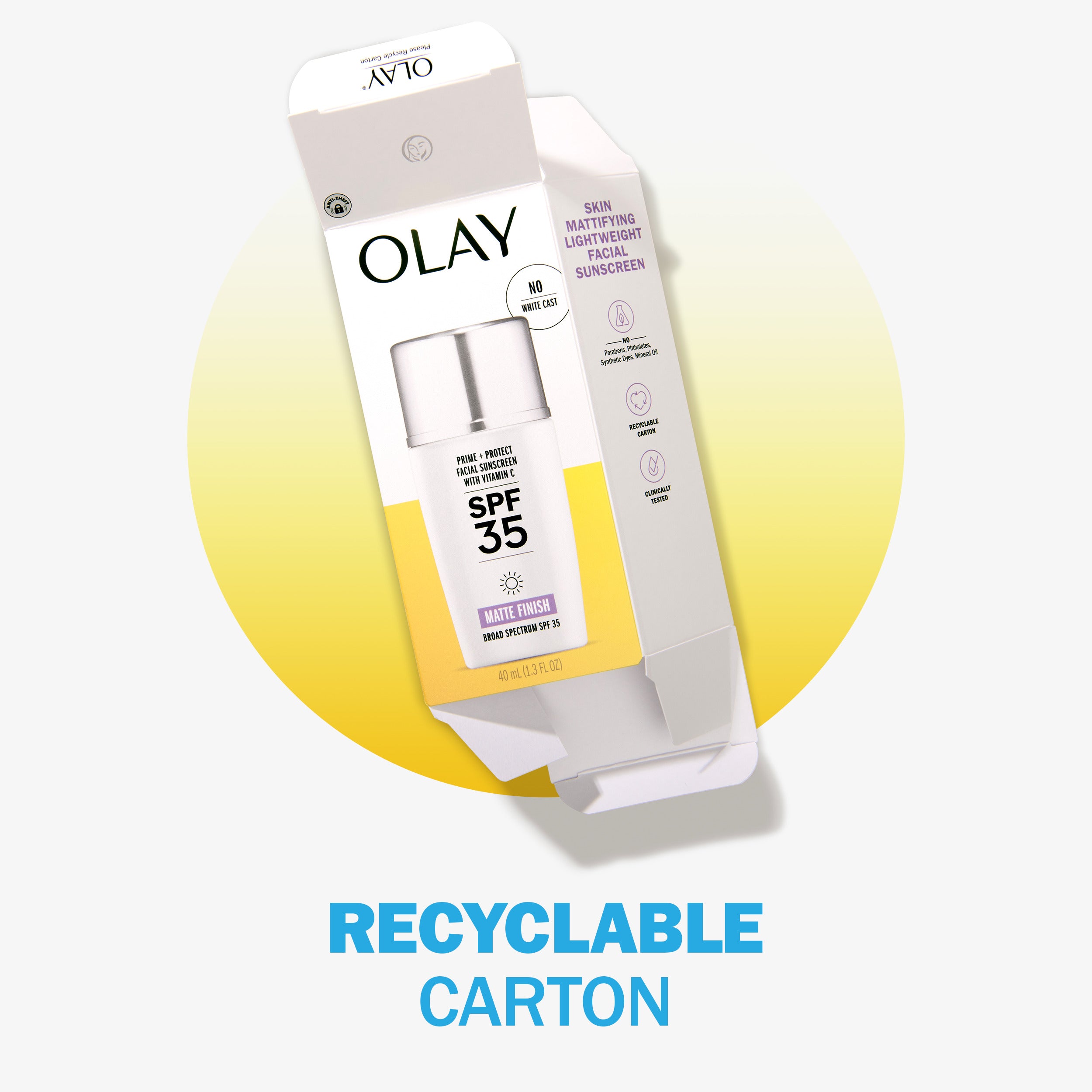 Prime + Protect Facial Sunscreen with Vitamin C SPF 35 bottle in packaging. Recyclable carton. Prime + Protect Facial Sunscreen with Vitamin C SPF 35 bottle in packaging. Recyclable carton.