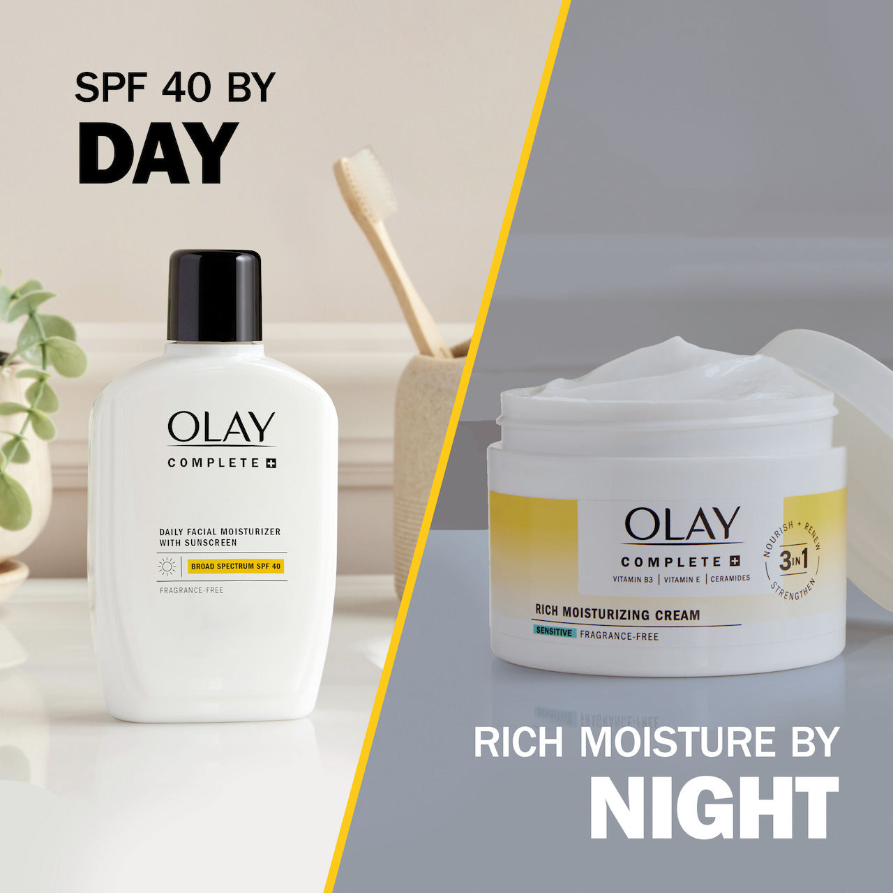 Olay complete moisturizer SPF 40 bottle. SPF 40 by day. Olay Complete + Rich Moisturizing Cream container. Rich moisture by night. Olay complete moisturizer SPF 40 bottle. SPF 40 by day. Olay Complete + Rich Moisturizing Cream container. Rich moisture by night.