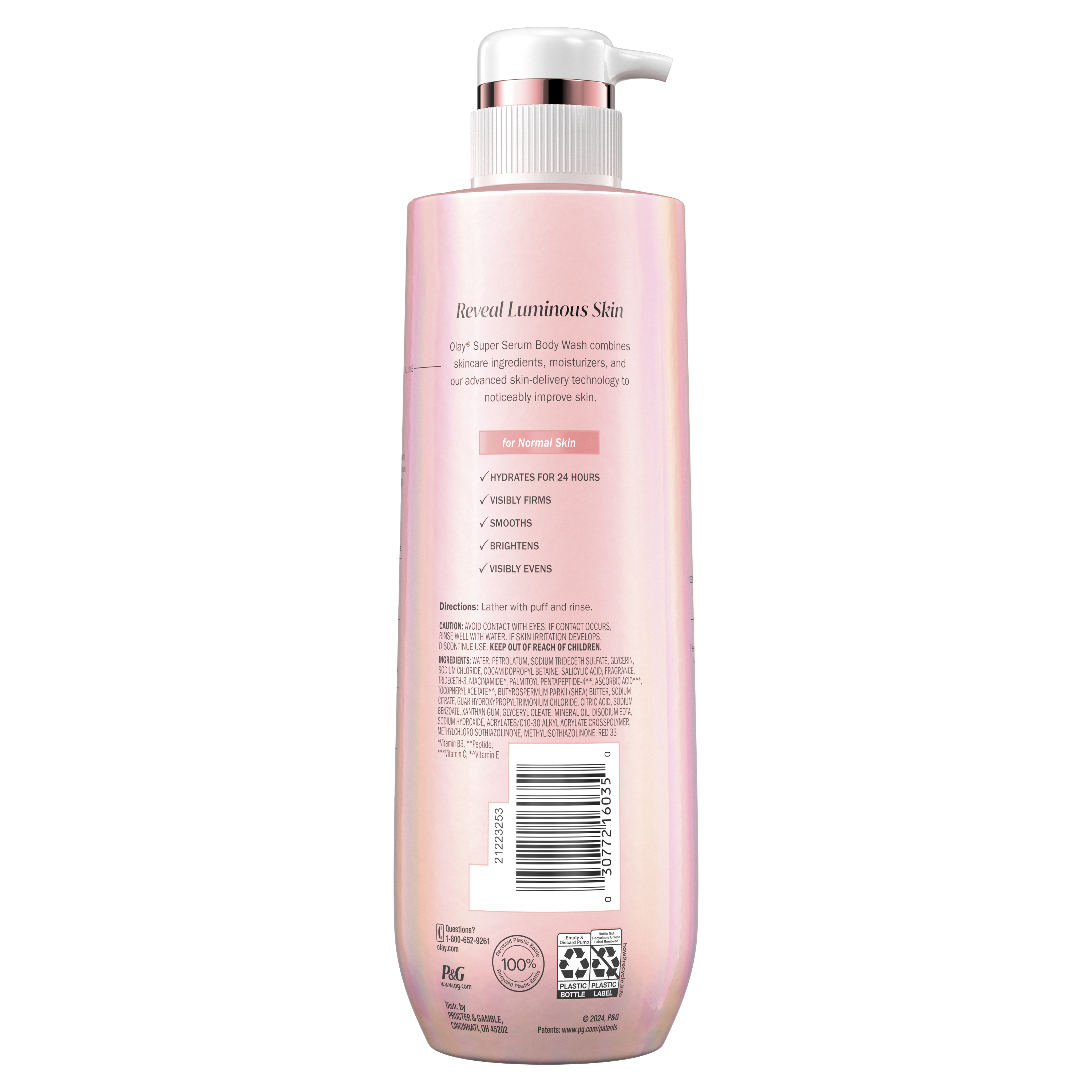 Olay Super Serum Body Wash for Normal Skin bottle with pump. Back ingredients. Olay Super Serum Body Wash for Normal Skin bottle with pump. Back ingredients.