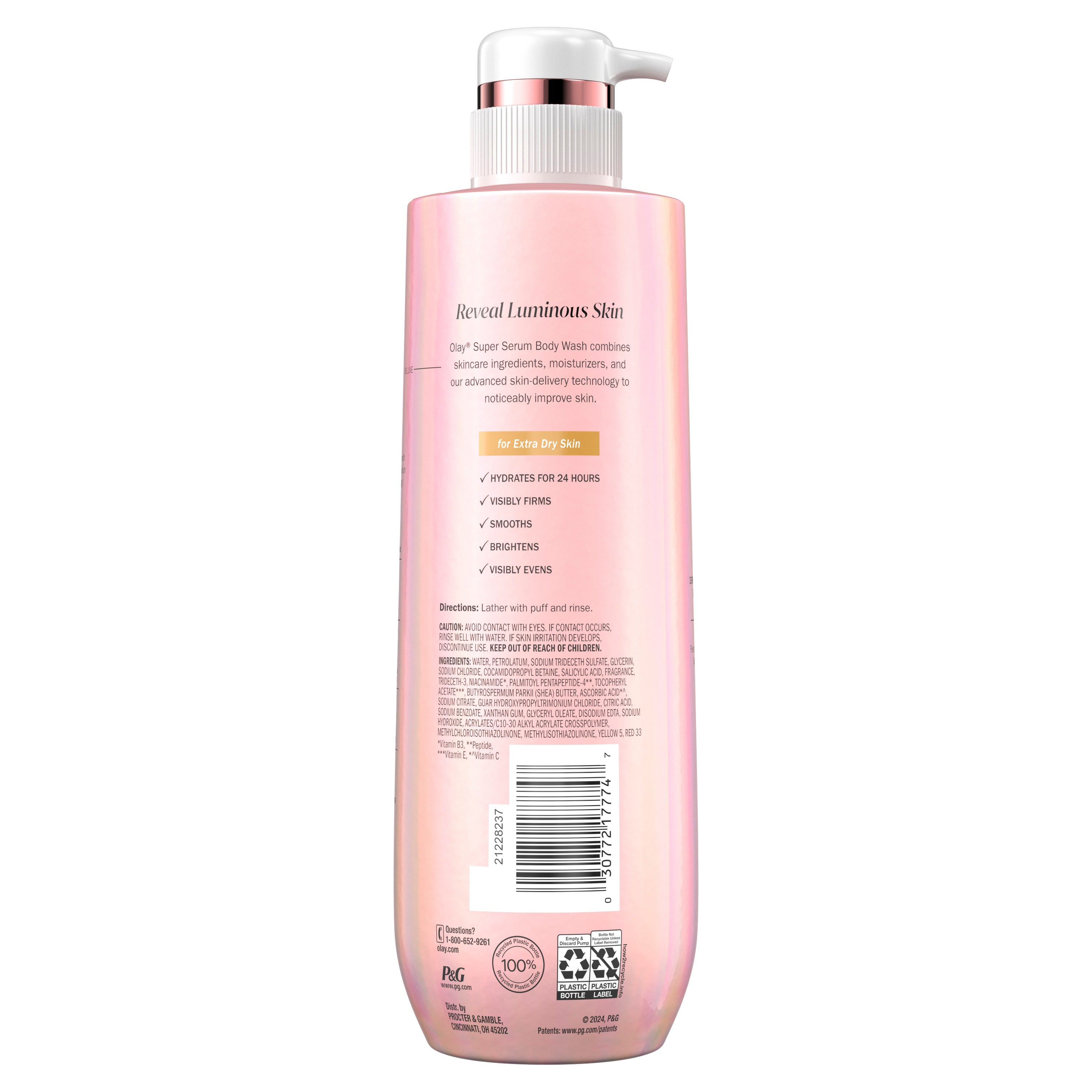 Olay Super Serum Body Wash for Extra Dry Skin bottle with pump. Back ingredients. Olay Super Serum Body Wash for Extra Dry Skin bottle with pump. Back ingredients.