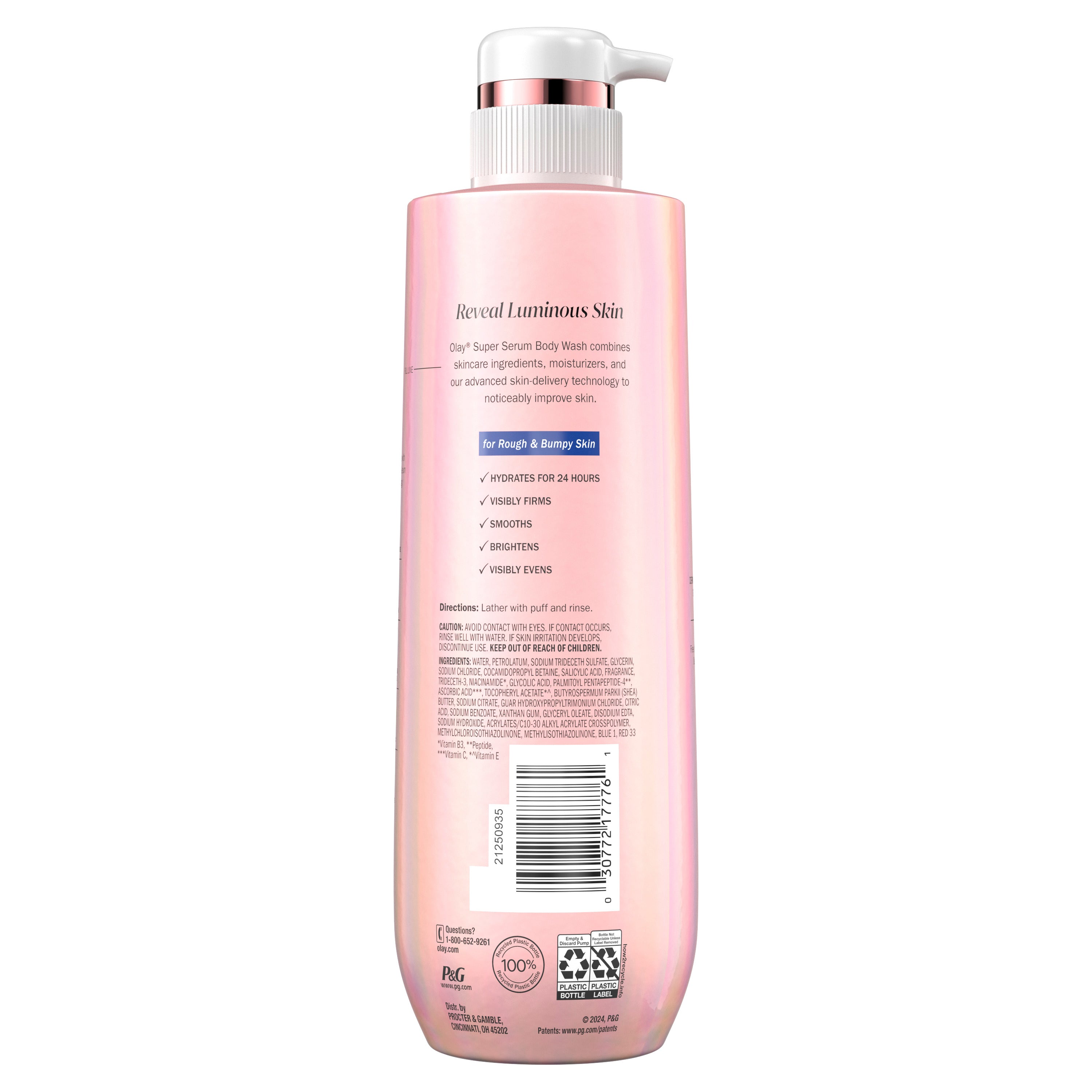 Olay Super Serum Body Wash for Rough and Bumpy Skin bottle with pump. Back ingredients. Olay Super Serum Body Wash for Rough and Bumpy Skin bottle with pump. Back ingredients.