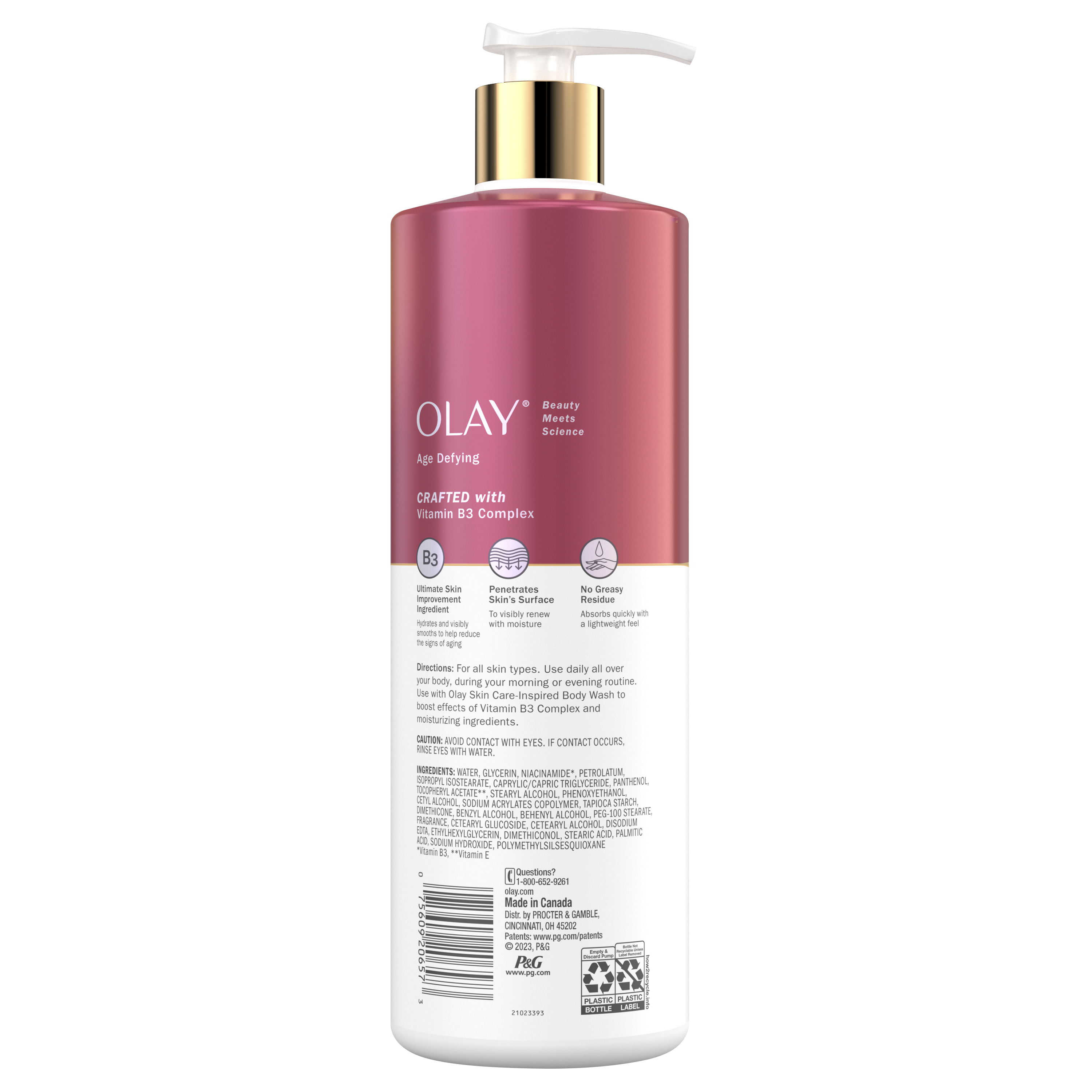 Olay Age Defying & Hydrating Niacinamide Hand and Body Lotion back of pack Olay Age Defying & Hydrating Niacinamide Hand and Body Lotion back of pack