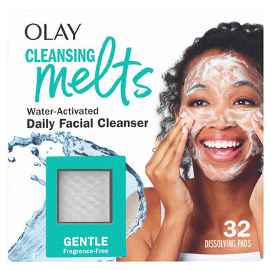 Olay Cleansing Melts packaging with a woman applying the product. Olay Cleansing Melts packaging with a woman applying the product.