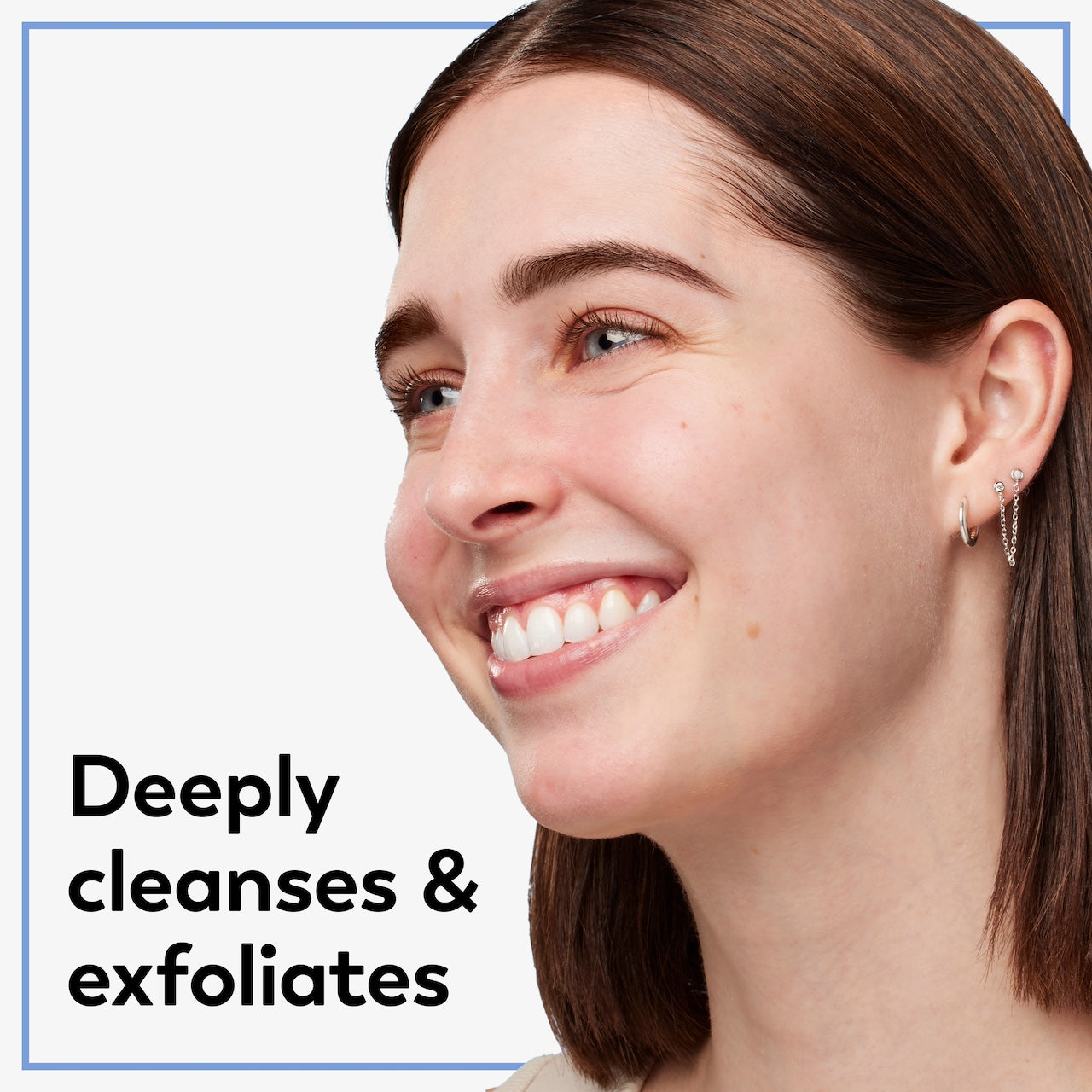 Model posing and smiling. Deeply cleanses and exfoliates. Model posing and smiling. Deeply cleanses and exfoliates.