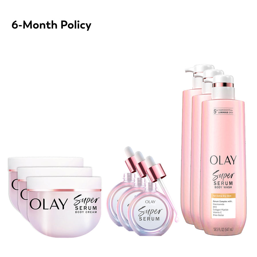 OLAY Skinsurance for Dry Skin bundle products with '6-Month Policy' text on the top left corner of the image OLAY Skinsurance for Dry Skin bundle products with '6-Month Policy' text on the top left corner of the image