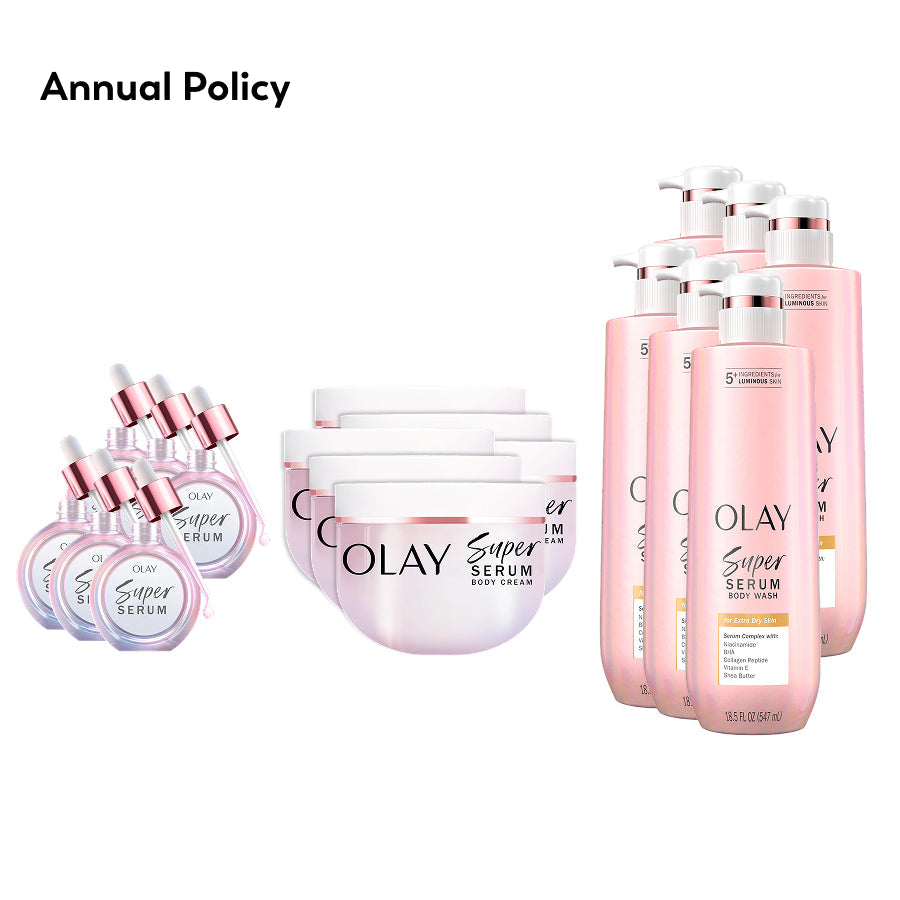 OLAY Skinsurance for Dry Skin bundle products with 'Annual Policy' text on the top left corner of the image OLAY Skinsurance for Dry Skin bundle products with 'Annual Policy' text on the top left corner of the image