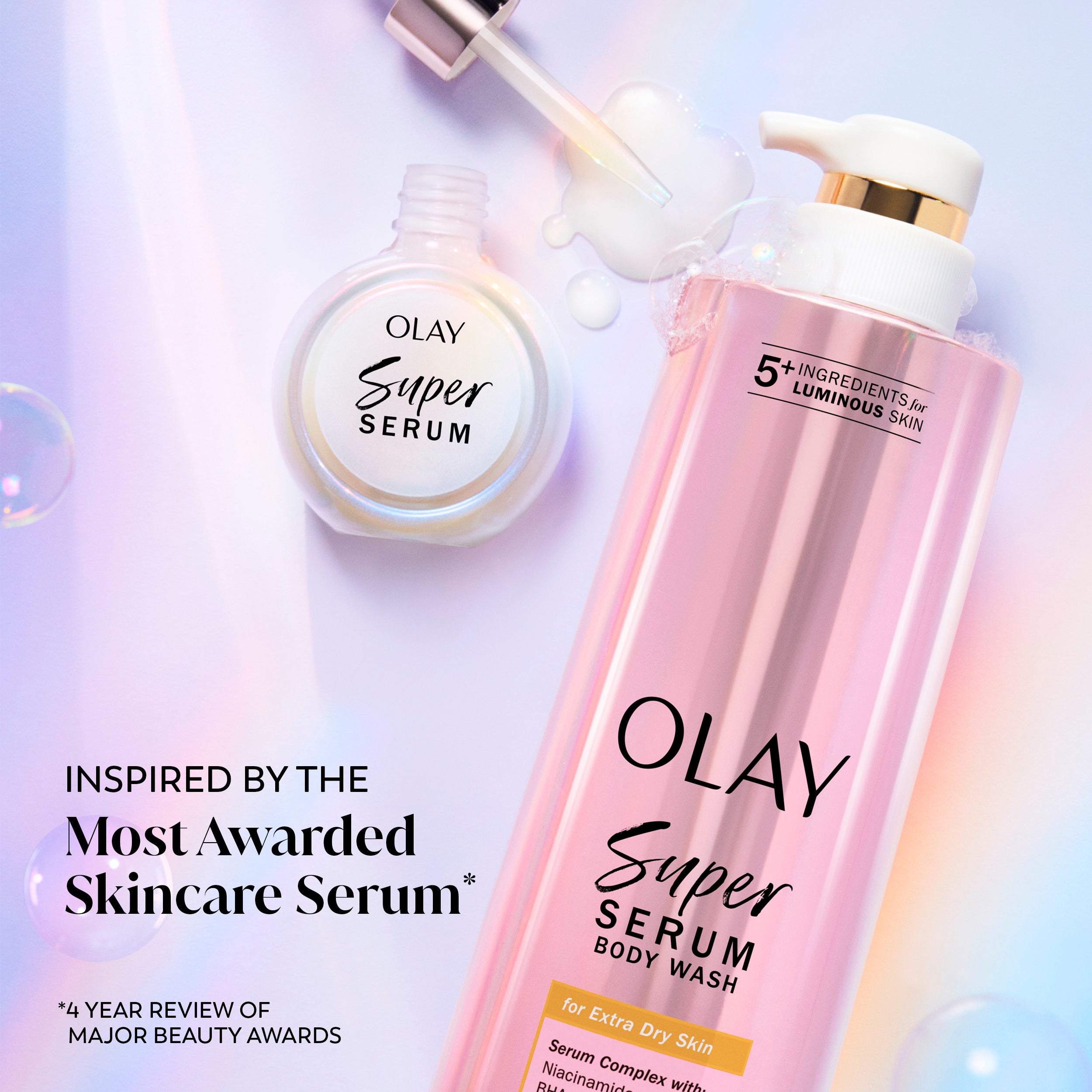 Olay Super Serum bottle and Super Serum Body Wash bottle. Inspired by the most awarded skincare serum *4 year review of major beauty awards. Olay Super Serum bottle and Super Serum Body Wash bottle. Inspired by the most awarded skincare serum *4 year review of major beauty awards.