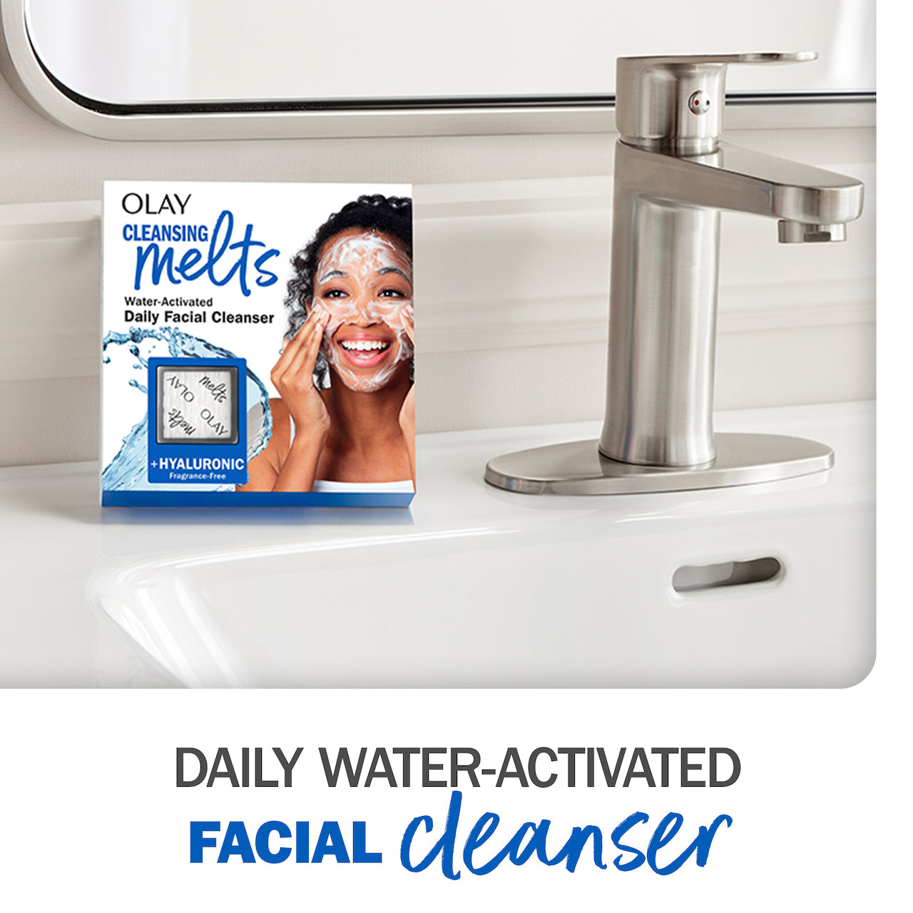 Olay Cleansing Melts + Hyaluronic package next to faucet. Daily water activated face cleanser. Olay Cleansing Melts + Hyaluronic package next to faucet. Daily water activated face cleanser.