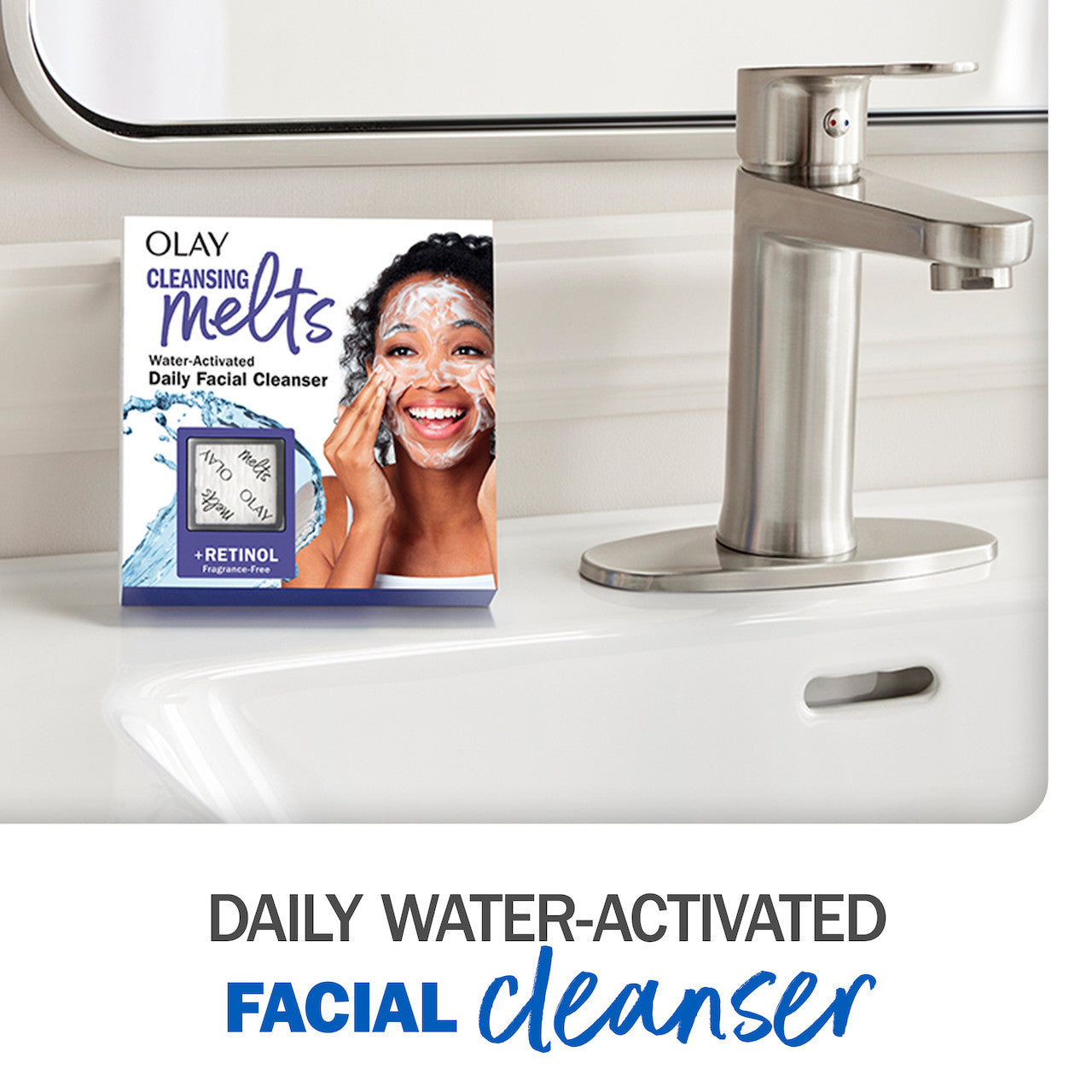 Olay Cleansing Melts + Hyaluronic package next to faucet. Daily water activated face cleanser. Olay Cleansing Melts + Hyaluronic package next to faucet. Daily water activated face cleanser.