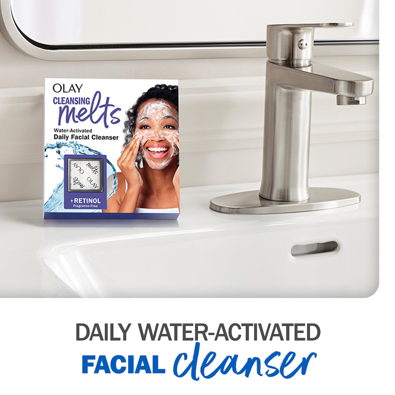 Olay Cleansing Melts + Hyaluronic package next to faucet. Daily water activated face cleanser. Olay Cleansing Melts + Hyaluronic package next to faucet. Daily water activated face cleanser.