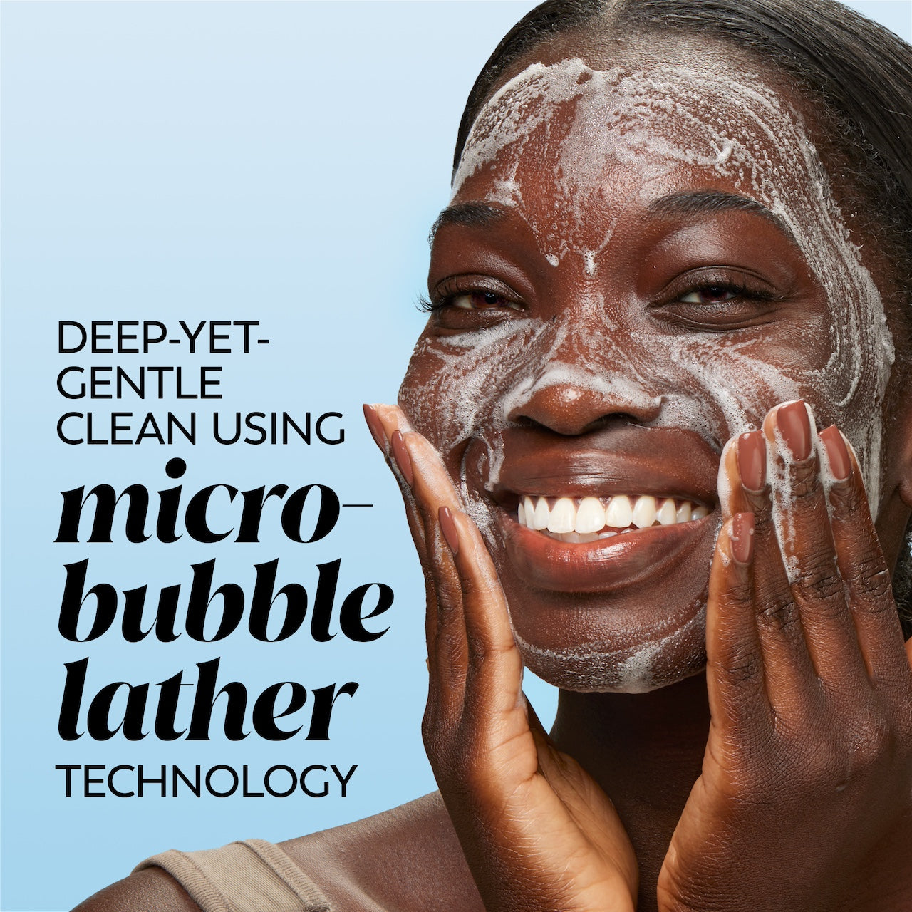 Model applying cleansing melt to face. Deep yet gentle clean using micro bubble lather technology. Model applying cleansing melt to face. Deep yet gentle clean using micro bubble lather technology.