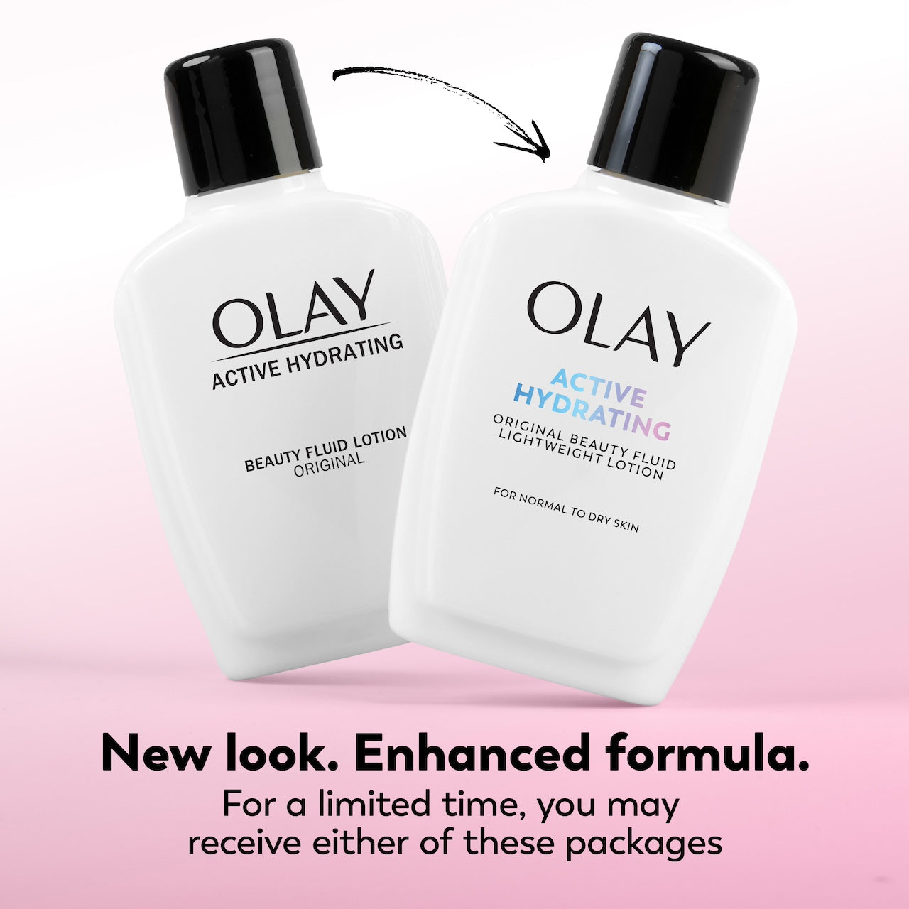 Two Olay Active Hydrating beauty fluid bottles on a pink background with text about a new look and enhanced formula. Two Olay Active Hydrating beauty fluid bottles on a pink background with text about a new look and enhanced formula.