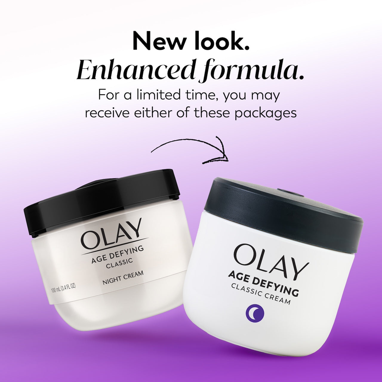 Two Olay Age Defying Classic Night Cream jars on a purple background with promotional text. Two Olay Age Defying Classic Night Cream jars on a purple background with promotional text.