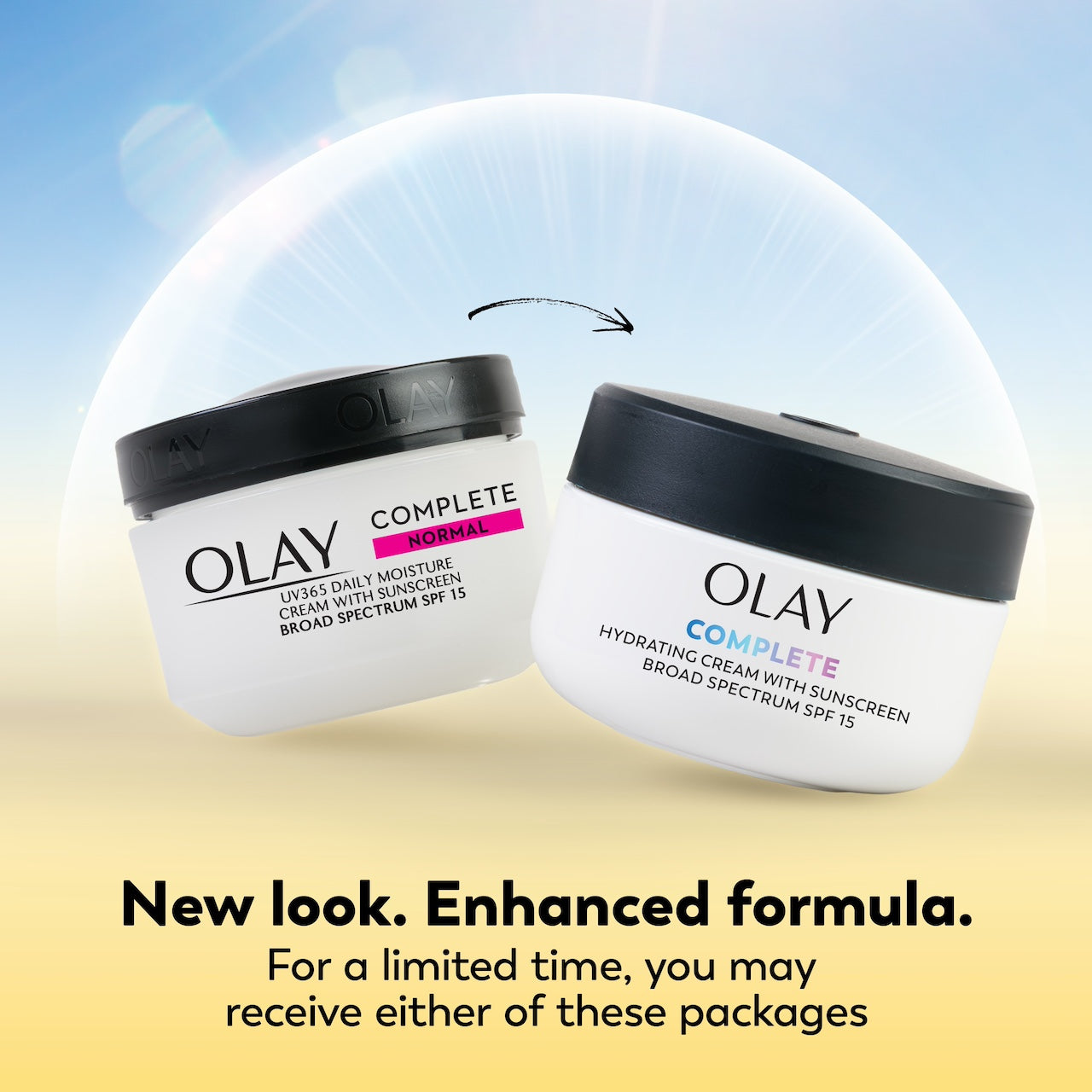 Olay Complete Cream Moisturizer with SPF 15 Normal container new design and old. New look. Enhanced formula. For a limited time you may receive either of these packages. Olay Complete Cream Moisturizer with SPF 15 Normal container new design and old. New look. Enhanced formula. For a limited time you may receive either of these packages.