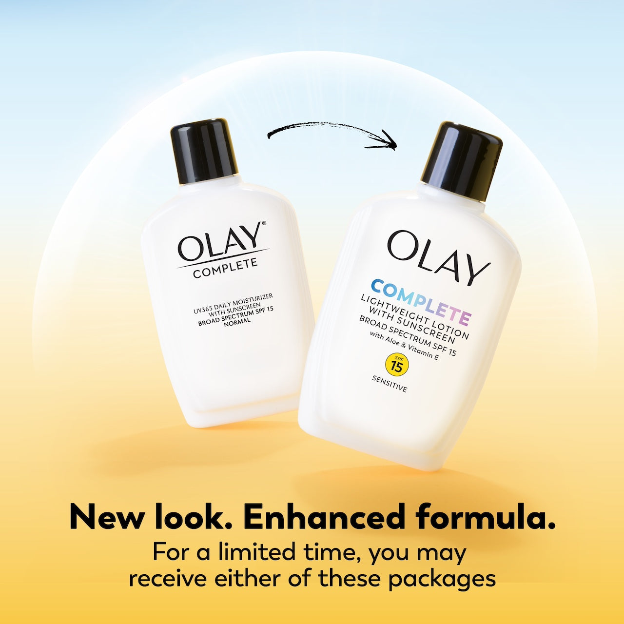 Olay Complete Lotion Moisturizer with SPF 15 Sensitive bottle old design and new. New look enhanced formula. For a limited time you may receive either of these packages. Olay Complete Lotion Moisturizer with SPF 15 Sensitive bottle old design and new. New look enhanced formula. For a limited time you may receive either of these packages.