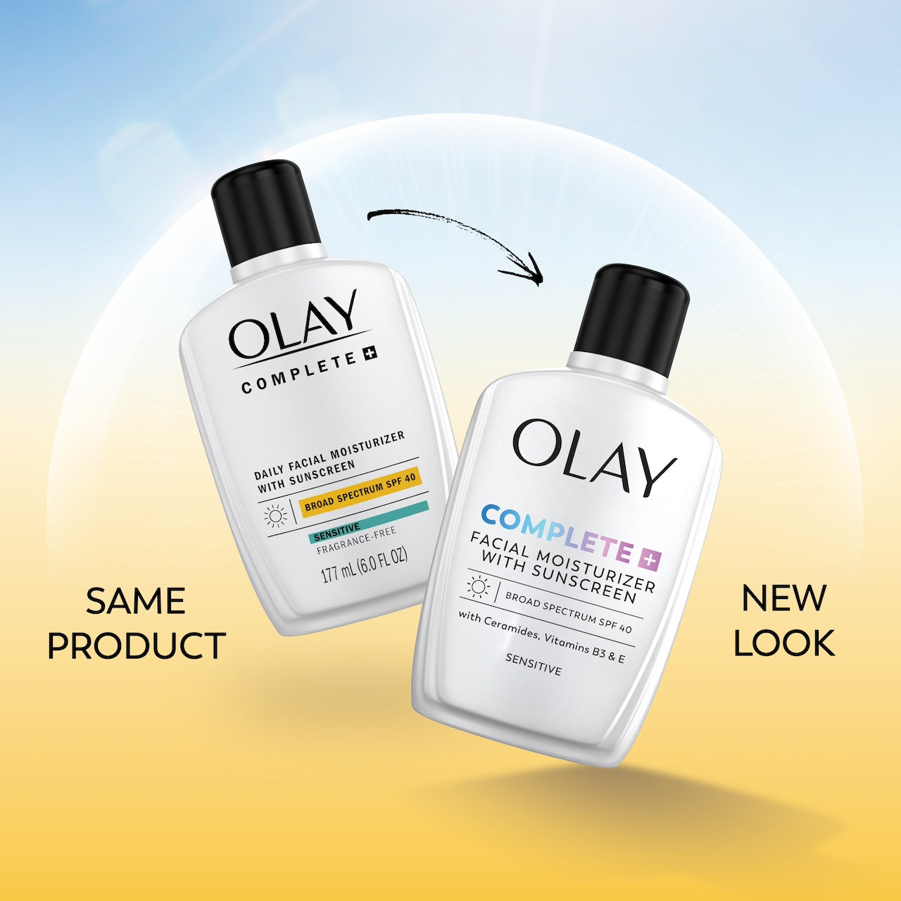 Olay Complete SPF 40 new and old design bottles. Same product, new look. Olay Complete SPF 40 new and old design bottles. Same product, new look.