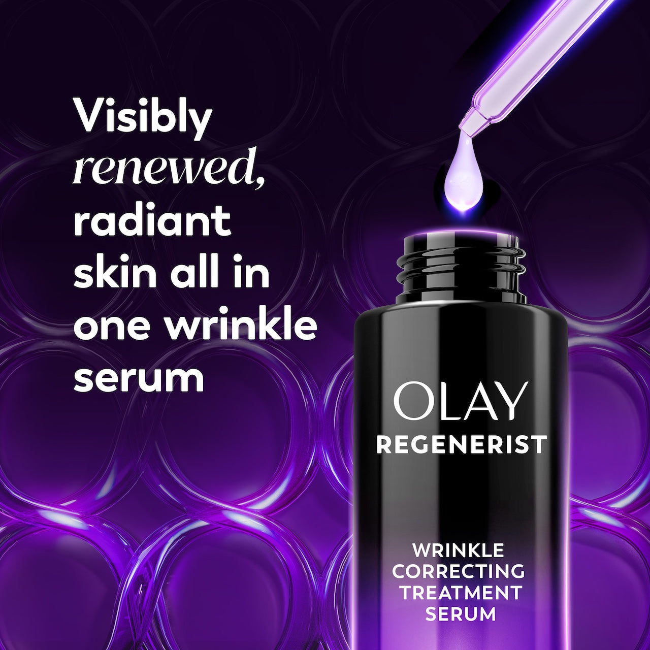 Regenerist Wrinkle Correcting Night Treatment bottle open showing dropper. Visibly renewed, radiant skin all in one wrinkle serum. Regenerist Wrinkle Correcting Night Treatment bottle open showing dropper. Visibly renewed, radiant skin all in one wrinkle serum.