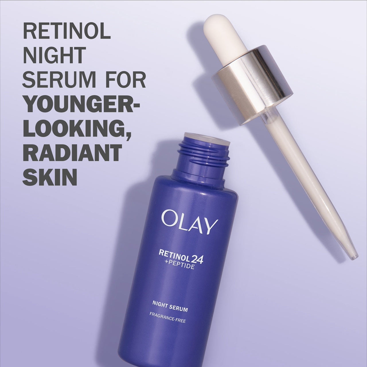 Olay Retinol 24 Night Smoothing Serum bottle dropper. Retinol Night serum for younger looking radiant skin. Olay Retinol 24 Night Smoothing Serum bottle dropper. Retinol Night serum for younger looking radiant skin.