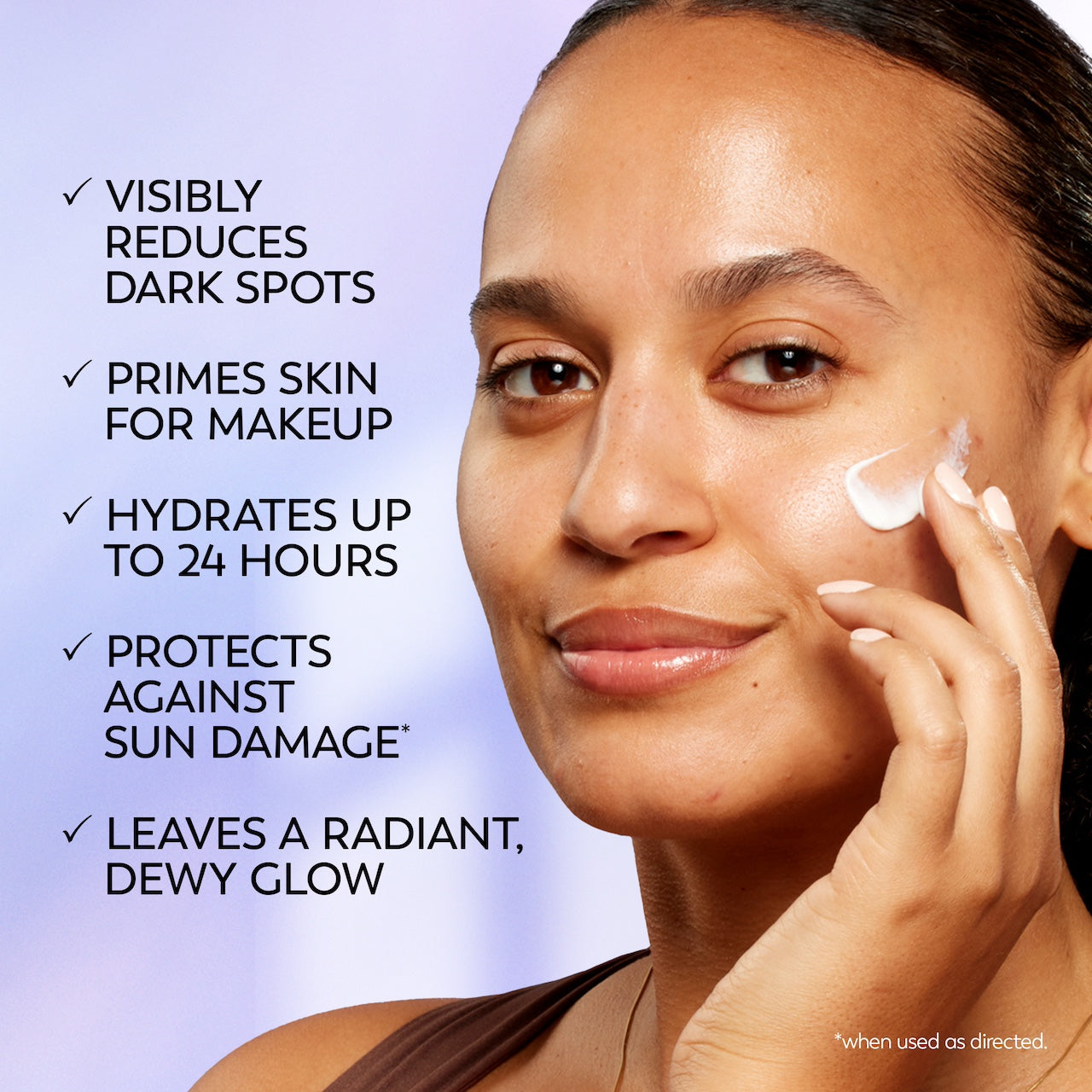 Model posing applying Olay Super Cream Mini with Sunscreen SPF 30, Ultra Lightweight SPF Face Moisturizer to face. Visibly reduces dark spots. Primes skin for makeup. hydrates up to 24 hours. Protects against sun damage. leaves a radiant dewy glow. Model posing applying Olay Super Cream Mini with Sunscreen SPF 30, Ultra Lightweight SPF Face Moisturizer to face. Visibly reduces dark spots. Primes skin for makeup. hydrates up to 24 hours. Protects against sun damage. leaves a radiant dewy glow.