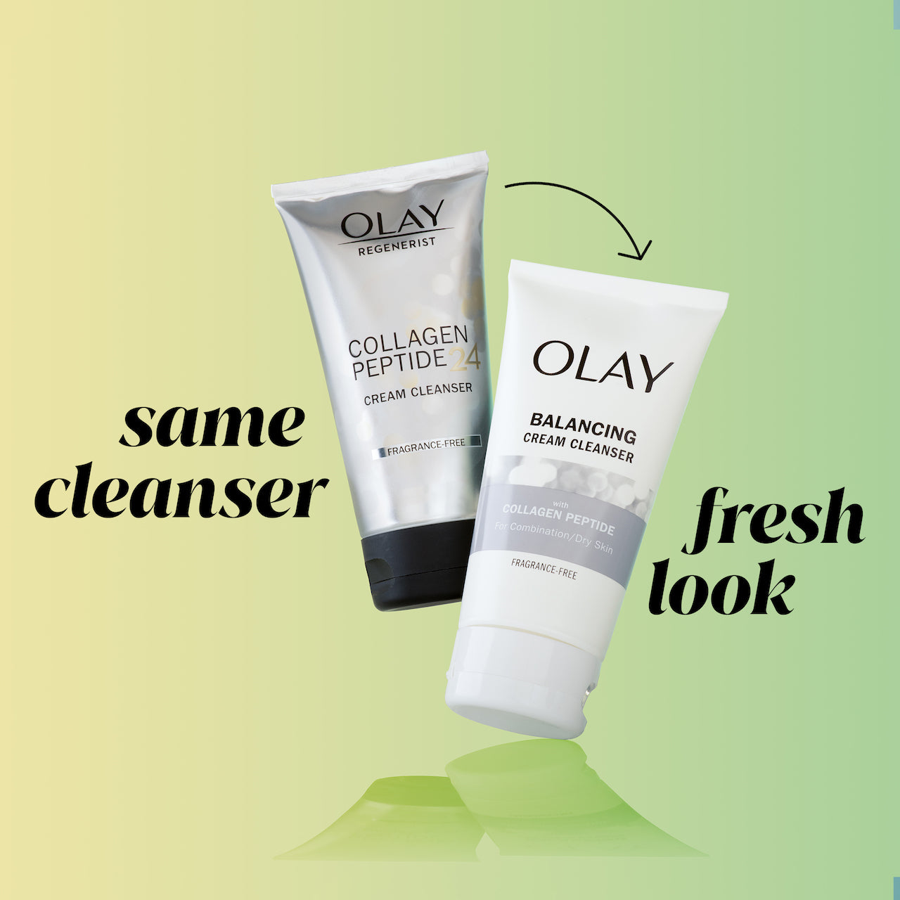 same cleanser, fresh look. Old design Collagen Peptide Cleanser bottle, and new design Collagen Peptide Cleanser bottle same cleanser, fresh look. Old design Collagen Peptide Cleanser bottle, and new design Collagen Peptide Cleanser bottle