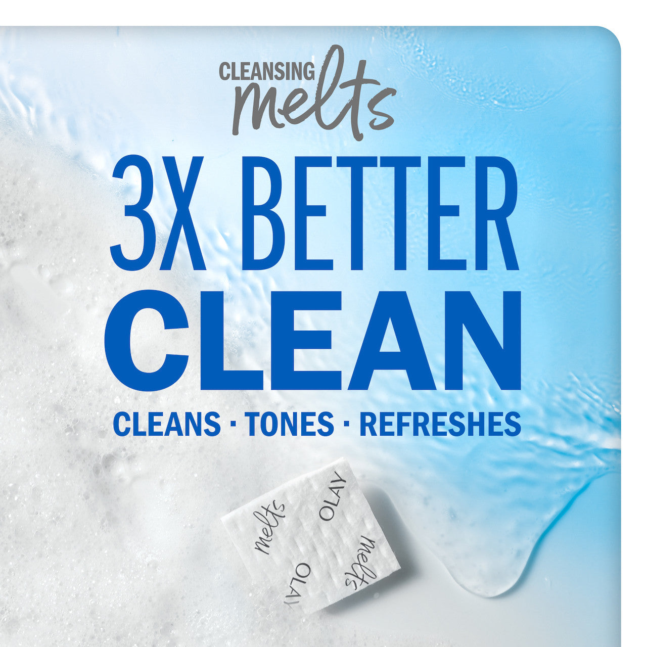 Cleansing melts packaging with text '3X Better Clean' and product name on a blue and white background. Cleansing melts packaging with text '3X Better Clean' and product name on a blue and white background.