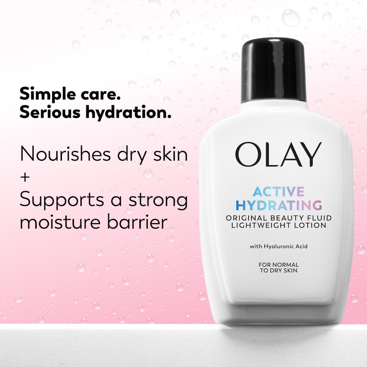 Olay Active Hydrating bottle with text on a pink background Olay Active Hydrating bottle with text on a pink background