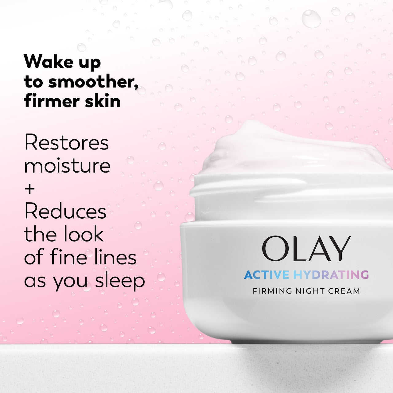 Olay Active Hydrating Firming Night Cream jar with text on a pink background Olay Active Hydrating Firming Night Cream jar with text on a pink background