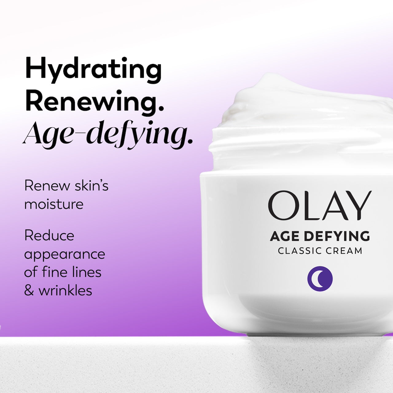 Olay Age Defying Classic Cream jar with text on a purple background Olay Age Defying Classic Cream jar with text on a purple background