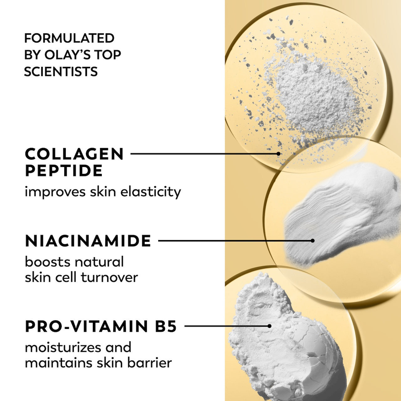 Three ingredient textures. Formulated by Olay's top scientists. Collagen peptide improves skin elasticity. Niacinamide boosts natural skin cell turnover. Pro vitamin B5 moisturizes and maintains skin barrier. Three ingredient textures. Formulated by Olay's top scientists. Collagen peptide improves skin elasticity. Niacinamide boosts natural skin cell turnover. Pro vitamin B5 moisturizes and maintains skin barrier.