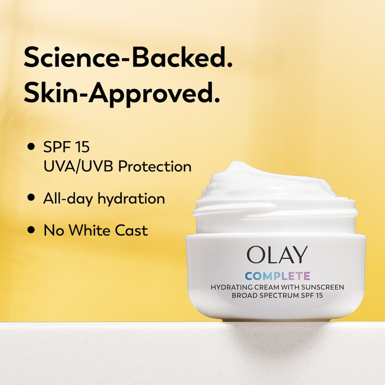 Olay Complete Cream Moisturizer with SPF 15 Normal container with lid off. Science backed. Skin approved. SPF15 UVA/UVB protection. All day hydration. No white cast. Olay Complete Cream Moisturizer with SPF 15 Normal container with lid off. Science backed. Skin approved. SPF15 UVA/UVB protection. All day hydration. No white cast.
