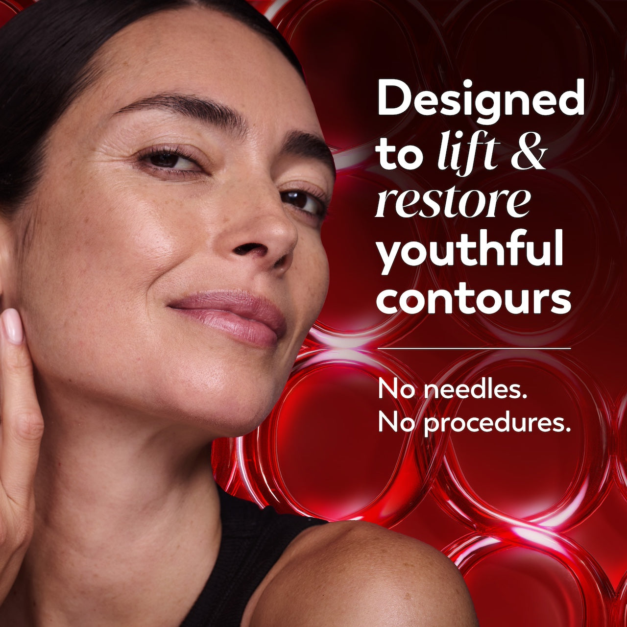 Model posing. Designed to lift and restore youthful contours. No needles. No procedures. Model posing. Designed to lift and restore youthful contours. No needles. No procedures.