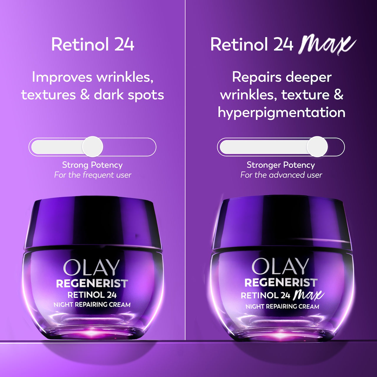 Olay Retinol24 Night Moisturizer jar and Olay Retinol24 Max Night Moisturizer jar. Retinol 24 improves wrinkles, textures and dark spots. Strong potency for frequent user. Retinol 24 Max repairs deeper wrinkles, texture and hyperpigmentation. Stronger potency for the advanced user. Olay Retinol24 Night Moisturizer jar and Olay Retinol24 Max Night Moisturizer jar. Retinol 24 improves wrinkles, textures and dark spots. Strong potency for frequent user. Retinol 24 Max repairs deeper wrinkles, texture and hyperpigmentation. Stronger potency for the advanced user.