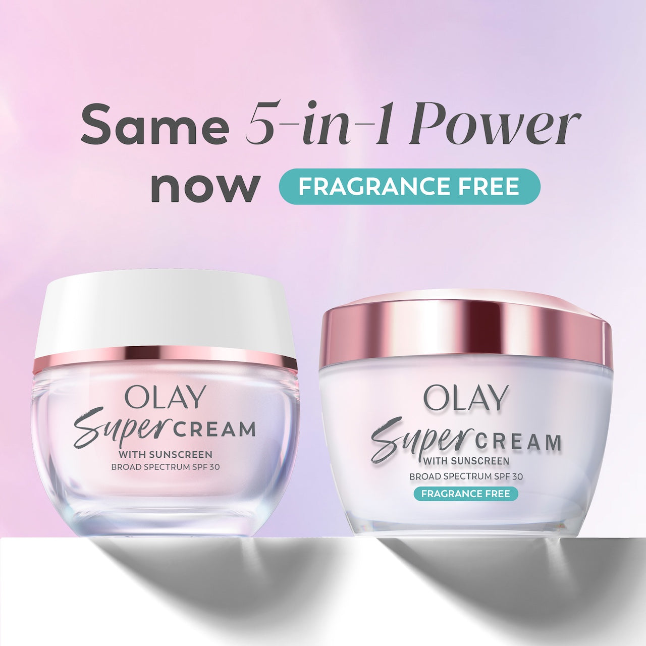 Olay Super Cream fragrance free jar and Olay Super Cream jar. Same 5 in 1 power now fragrance free Olay Super Cream fragrance free jar and Olay Super Cream jar. Same 5 in 1 power now fragrance free