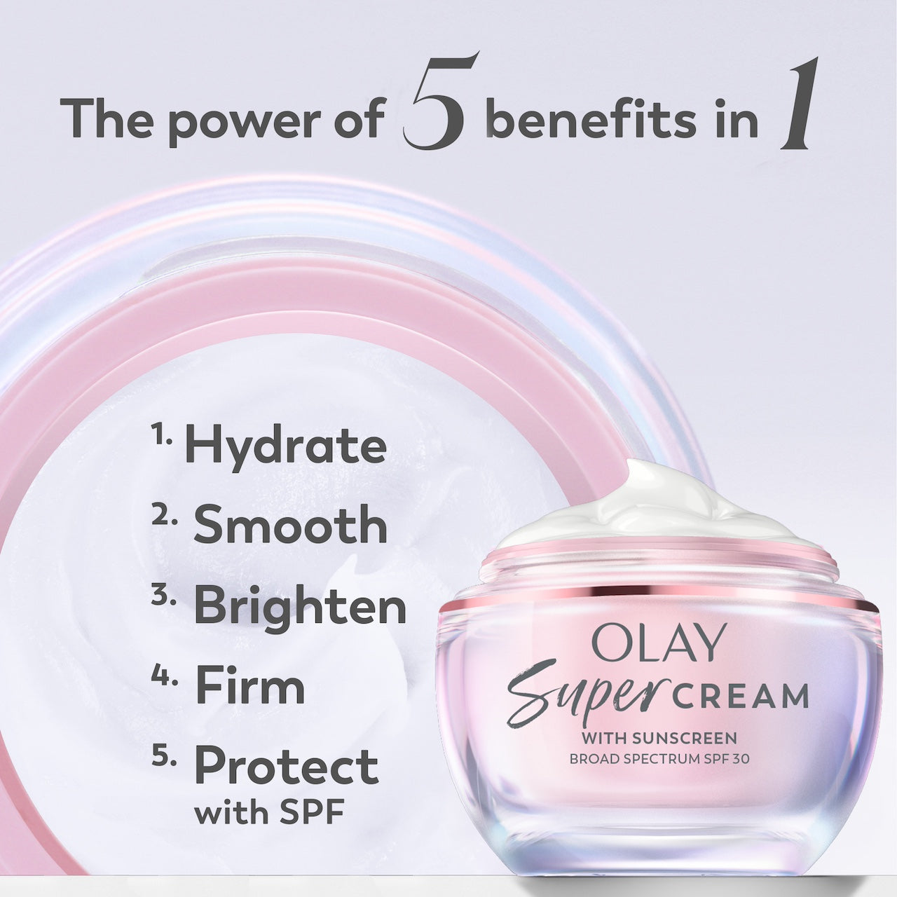 Super Cream jar. The power of 5 benefits in 1. Hydrate, smooth, brighten, firm, protect with SPF Super Cream jar. The power of 5 benefits in 1. Hydrate, smooth, brighten, firm, protect with SPF