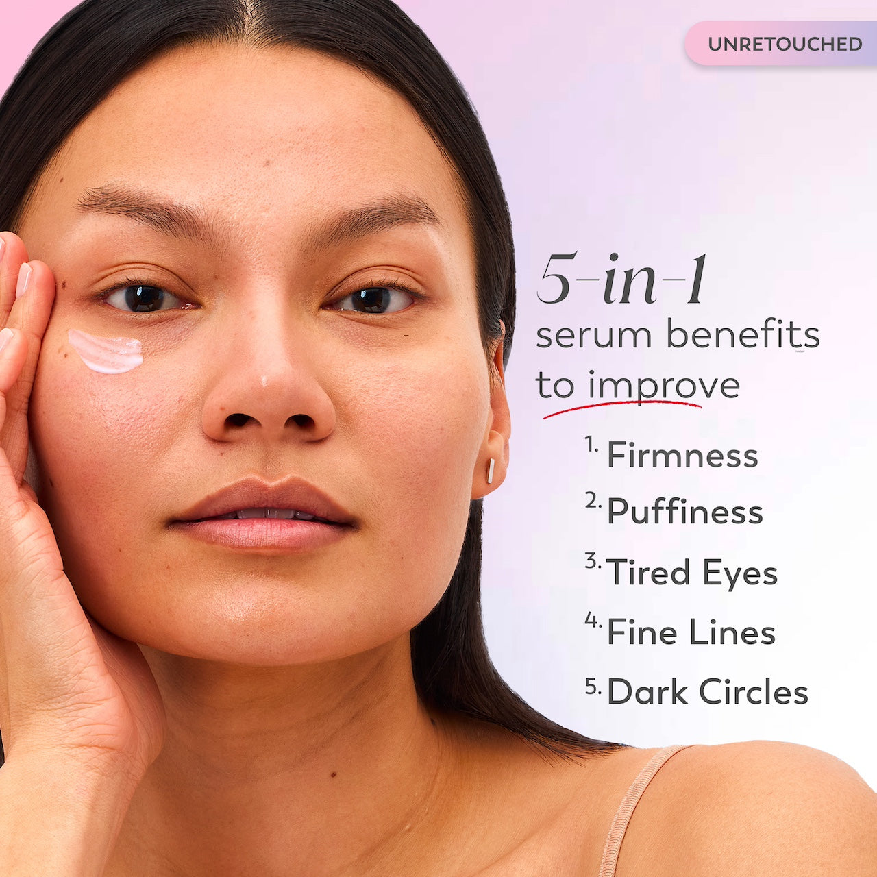 Model posing with applied Serum on face. 5 in 1 serum benefits to improve firmness, puffiness, tired eyes, fine lines, dark circles. Model posing with applied Serum on face. 5 in 1 serum benefits to improve firmness, puffiness, tired eyes, fine lines, dark circles.