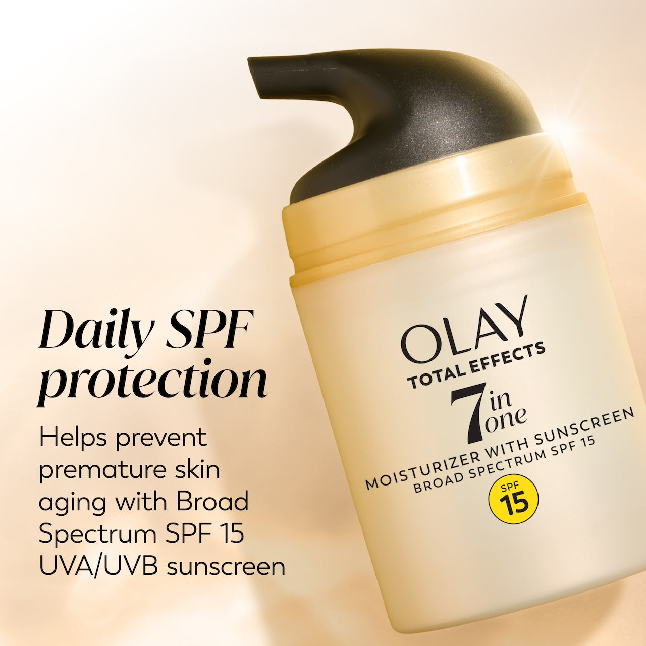 Total Effects Face Moisturizer Fragrance-Free SPF 15 bottle. Daily spf protection. Helps prevent skin aging with broad spectrum SPF 15. UVA/UVB sunscreen Total Effects Face Moisturizer Fragrance-Free SPF 15 bottle. Daily spf protection. Helps prevent skin aging with broad spectrum SPF 15. UVA/UVB sunscreen