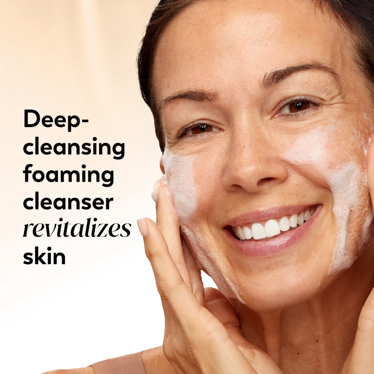 Woman applying deep-cleansing foaming cleanser to her face with text overlay. Woman applying deep-cleansing foaming cleanser to her face with text overlay.