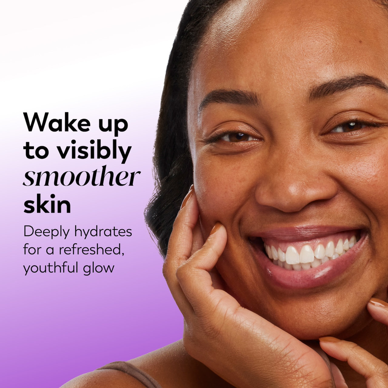 Woman with smooth skin on a purple background with text about visibly smoother skin. Woman with smooth skin on a purple background with text about visibly smoother skin.