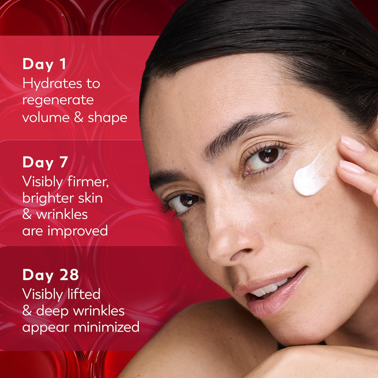 Model posing applying Regenerist Micro-Sculpting Cream Moisturizer to face. Day 1 hydrates to regenerate volume and shape. Day 7 visibly firmer, brighter skin and wrinkles are improved. Day 28 visibly lifted and deep wrinkles appear minimized. Model posing applying Regenerist Micro-Sculpting Cream Moisturizer to face. Day 1 hydrates to regenerate volume and shape. Day 7 visibly firmer, brighter skin and wrinkles are improved. Day 28 visibly lifted and deep wrinkles appear minimized.