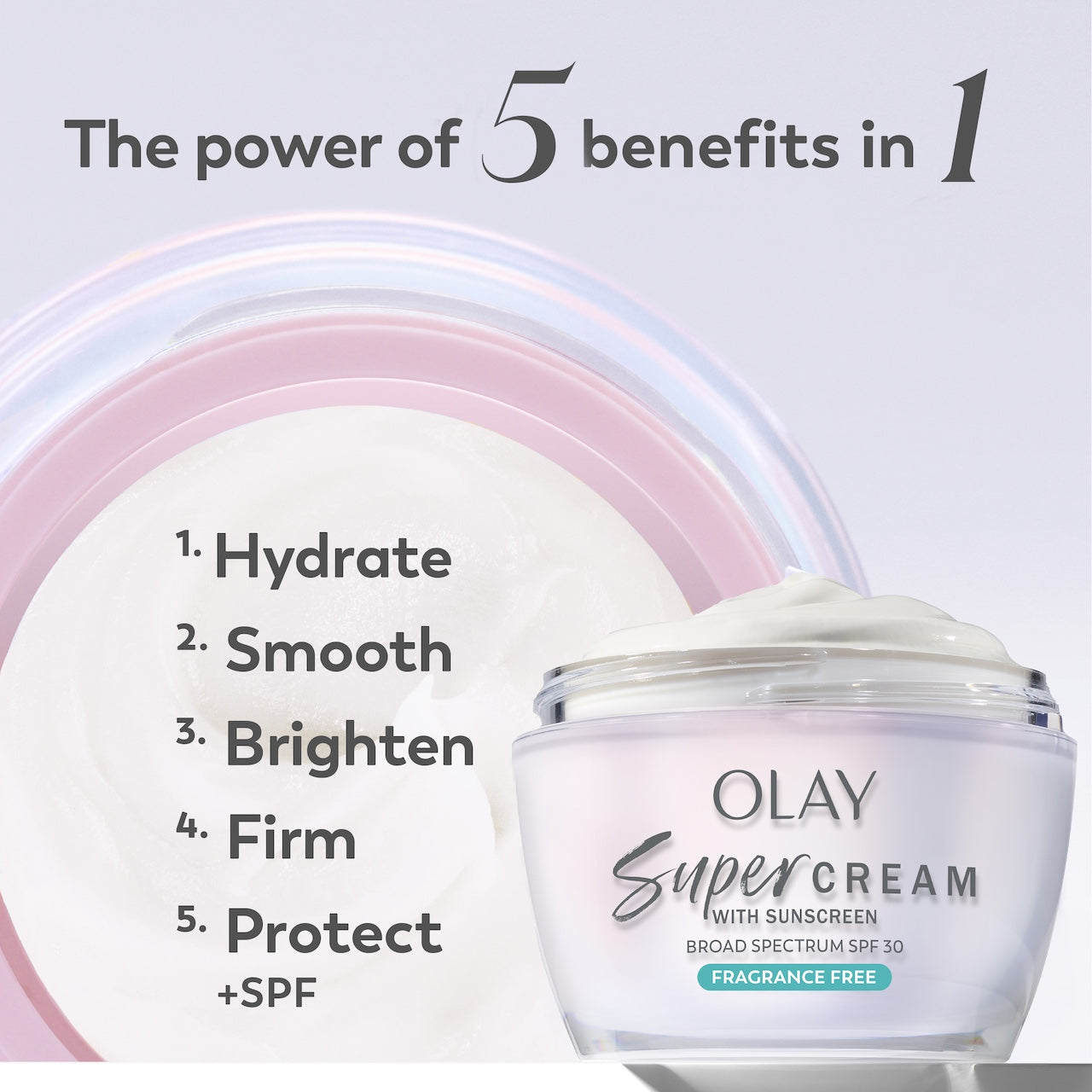 Super Cream jar. The power of 5 benefits in 1. Hydrate, smooth, brighten, firm, protect plus SPF Super Cream jar. The power of 5 benefits in 1. Hydrate, smooth, brighten, firm, protect plus SPF