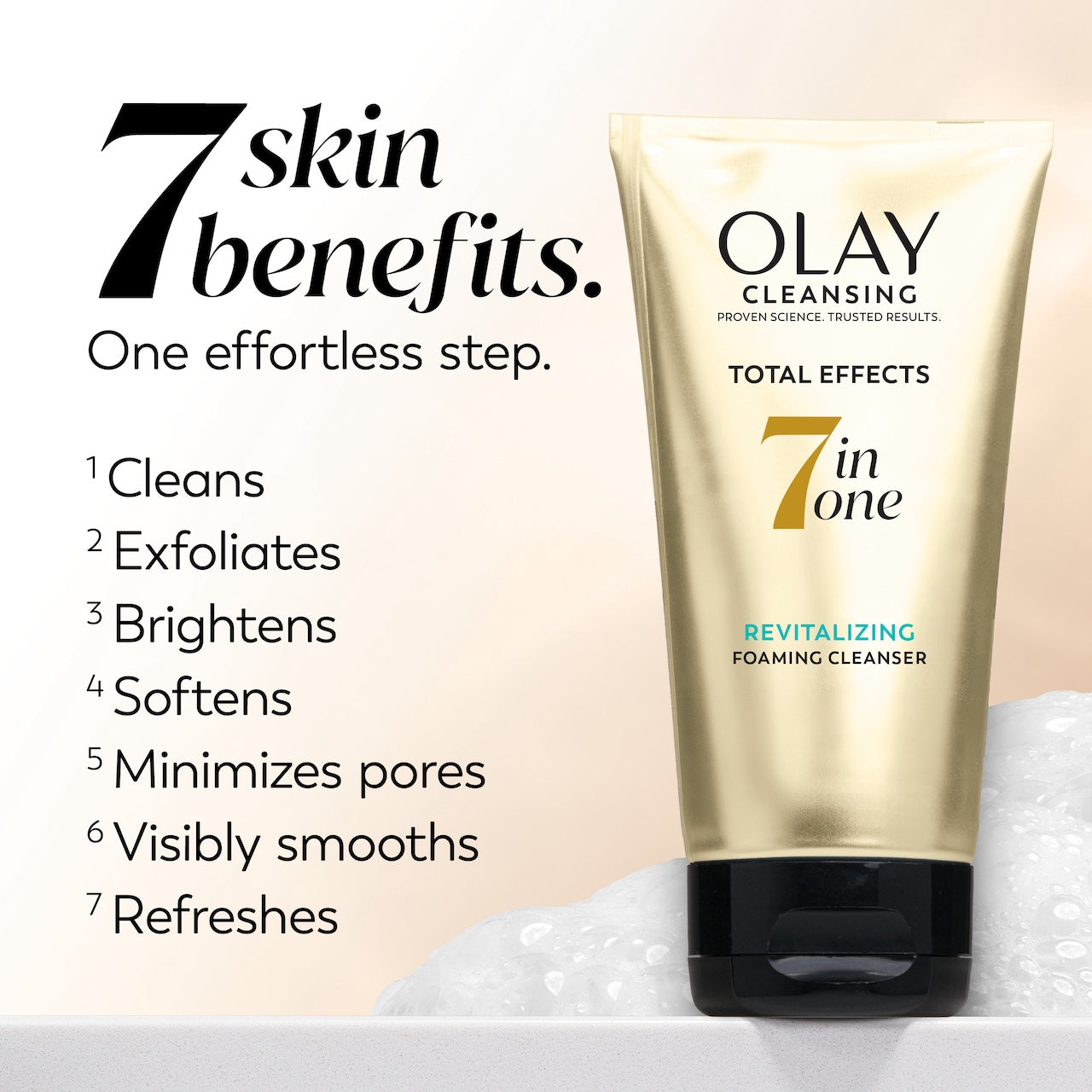 Olay Cleansing Total Effects 7-in-one foaming cleanser with text highlighting skin benefits on a beige background. Olay Cleansing Total Effects 7-in-one foaming cleanser with text highlighting skin benefits on a beige background.