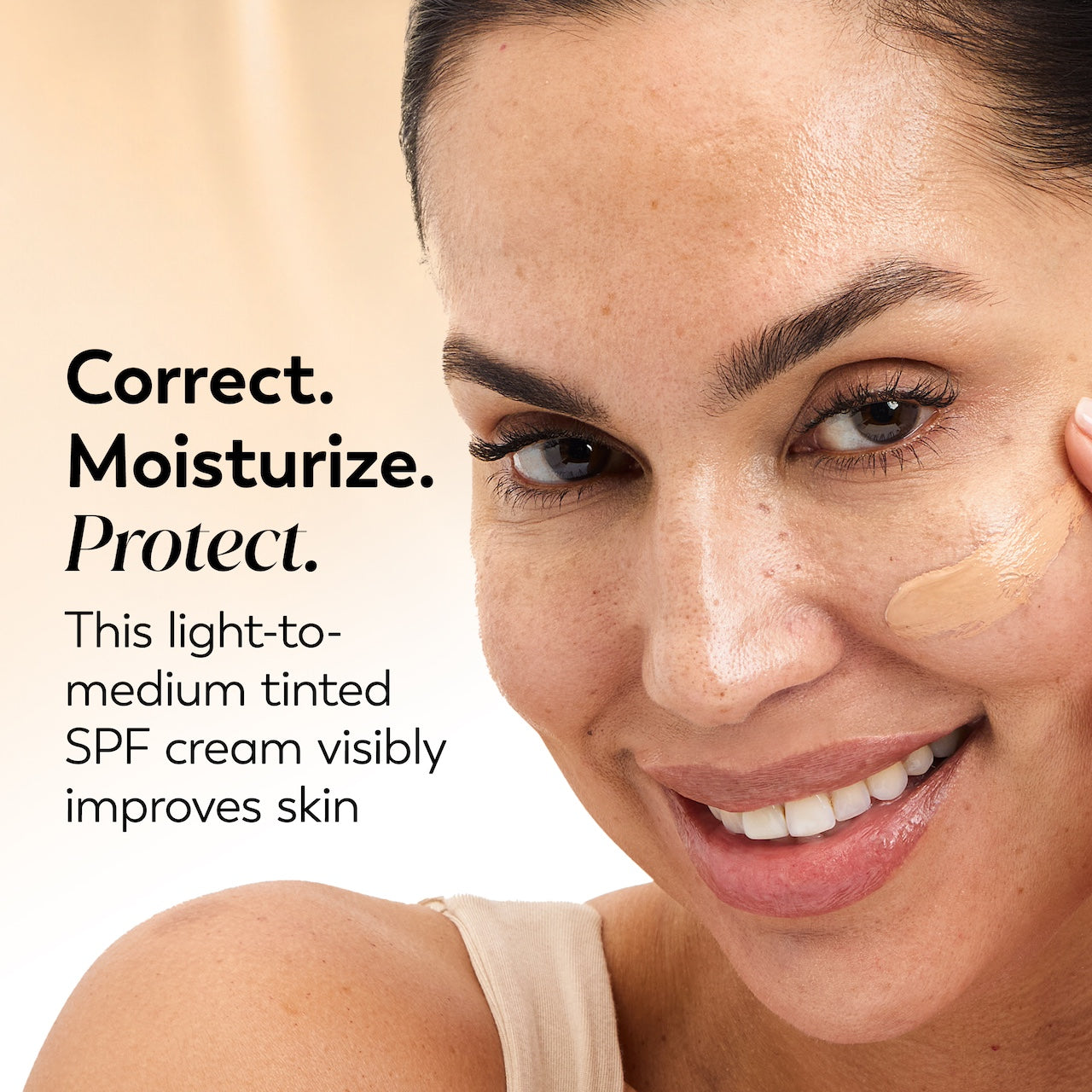 Model posing and smiling applying Total Effects 7 In One CC Tone Correcting Moisturizer SPF 15 to face. Correct. Moisturize. Protect. This light to medium tinted SPF cream visibly improves skin. Model posing and smiling applying Total Effects 7 In One CC Tone Correcting Moisturizer SPF 15 to face. Correct. Moisturize. Protect. This light to medium tinted SPF cream visibly improves skin.