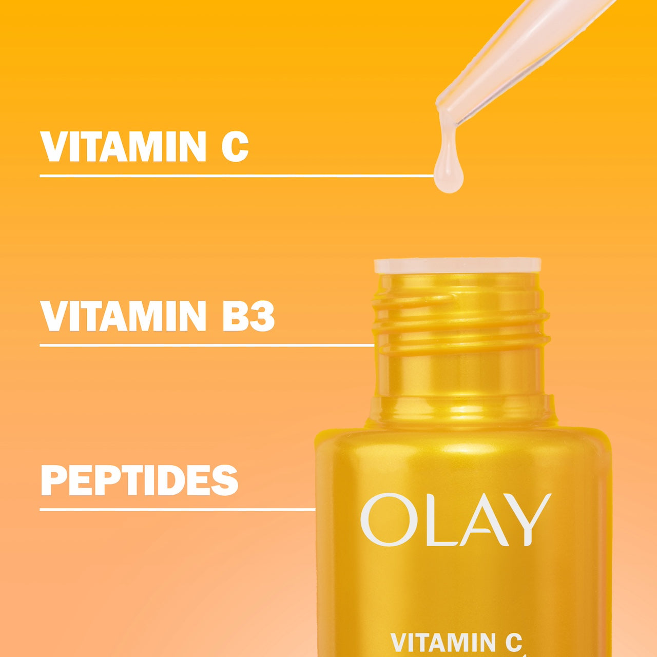 Olay Vitamin C Brightening Serum bottle with dropper. Vitamin C, Vitamin B3, Peptides Olay Vitamin C Brightening Serum bottle with dropper. Vitamin C, Vitamin B3, Peptides