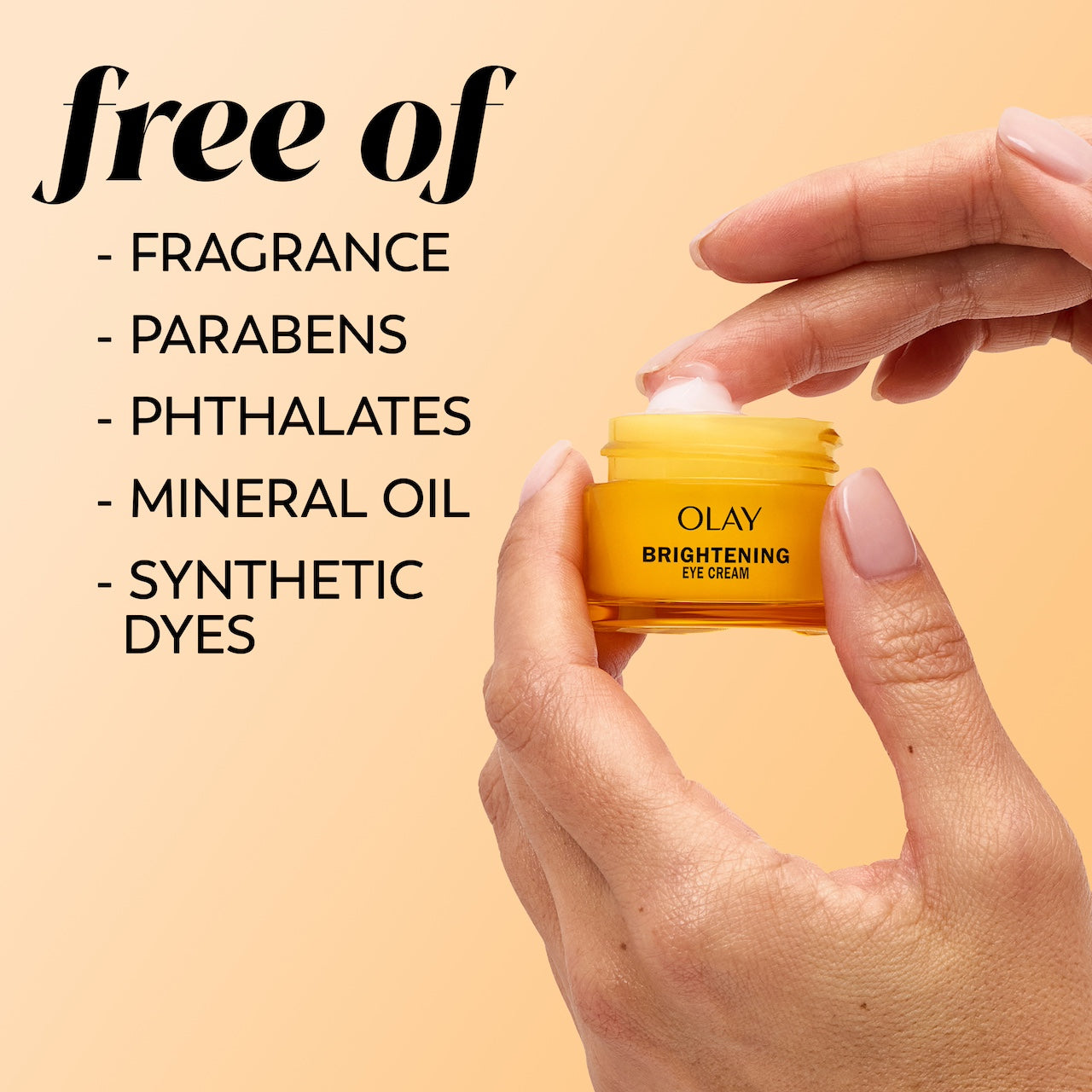Model dabbing fingers in Olay Brightening Eyes Vitamin C Eye Cream. Free of fragrance, parabens, phthalates, mineral oil, synthetic dyes. Model dabbing fingers in Olay Brightening Eyes Vitamin C Eye Cream. Free of fragrance, parabens, phthalates, mineral oil, synthetic dyes.