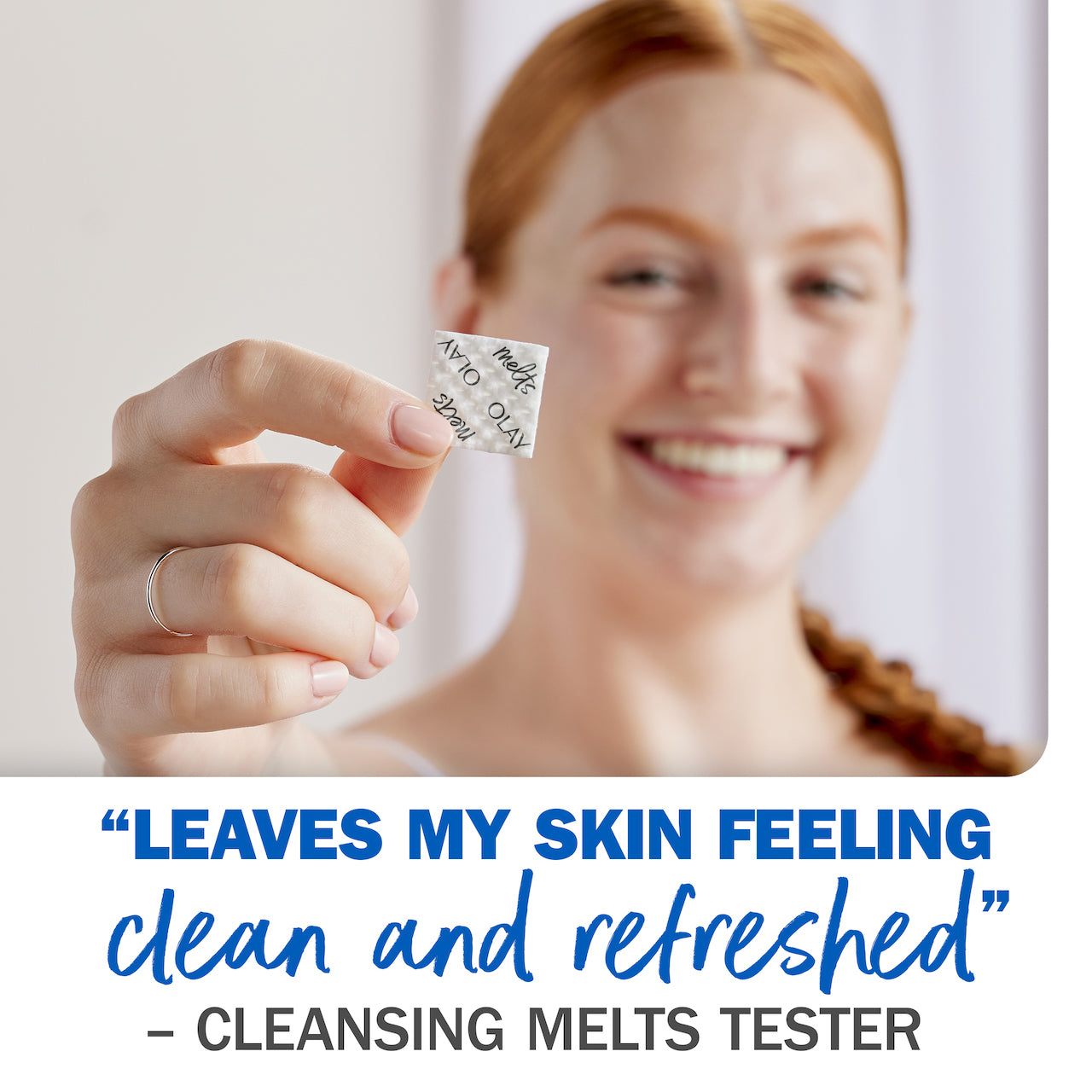 Model holding Melts tab. "Leaves my skin feeling clean and refreshed". Cleansing Melts tester. Model holding Melts tab. "Leaves my skin feeling clean and refreshed". Cleansing Melts tester.