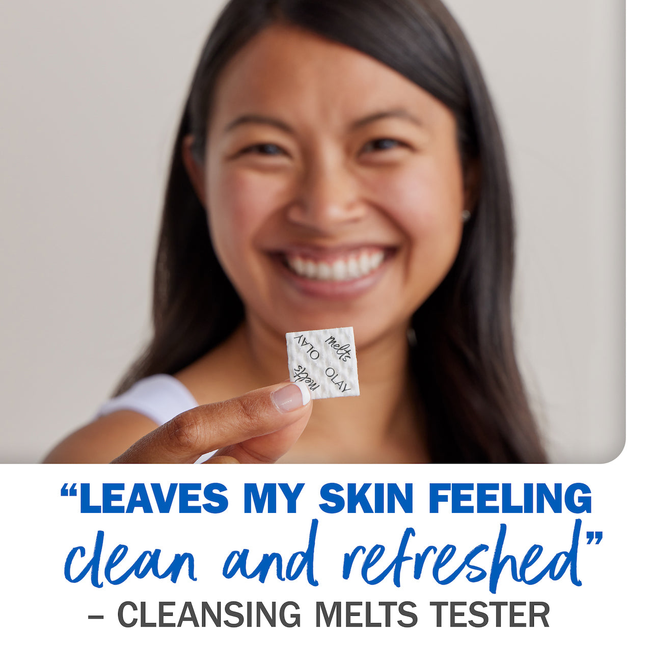 Model holding Melts tab. "Leaves my skin feeling clean and refreshed". Cleansing Melts tester. Model holding Melts tab. "Leaves my skin feeling clean and refreshed". Cleansing Melts tester.
