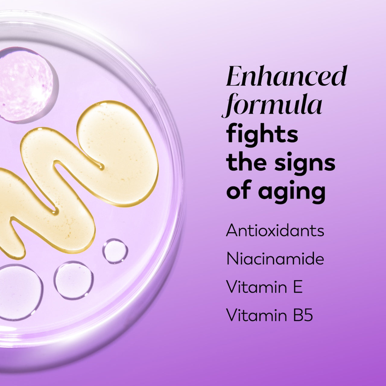 Advertisement for a skincare product with text about enhanced formula and ingredients on a purple background. Advertisement for a skincare product with text about enhanced formula and ingredients on a purple background.